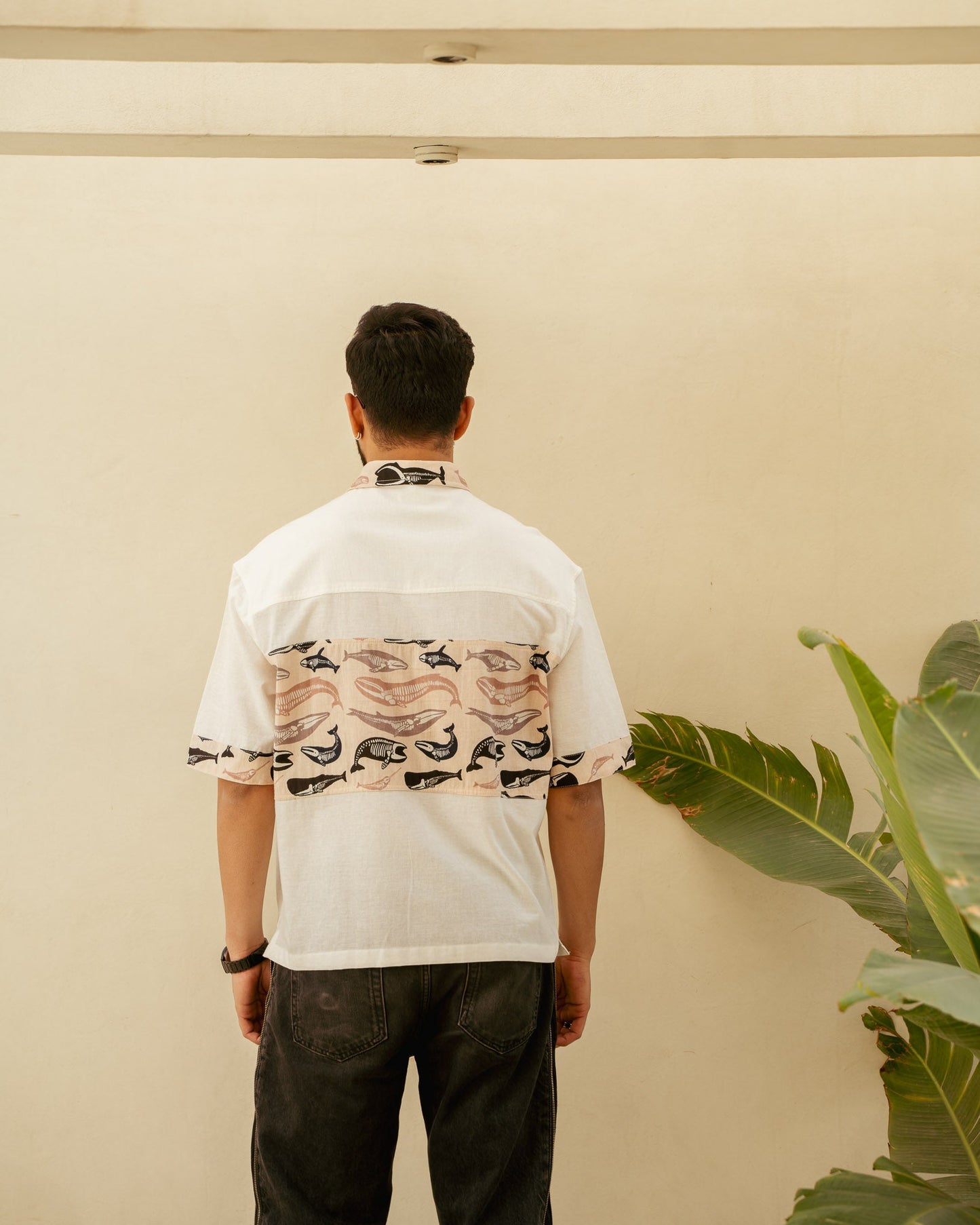 Skeleton Fish Flirt Middle Patch Oversize Linen Shirt