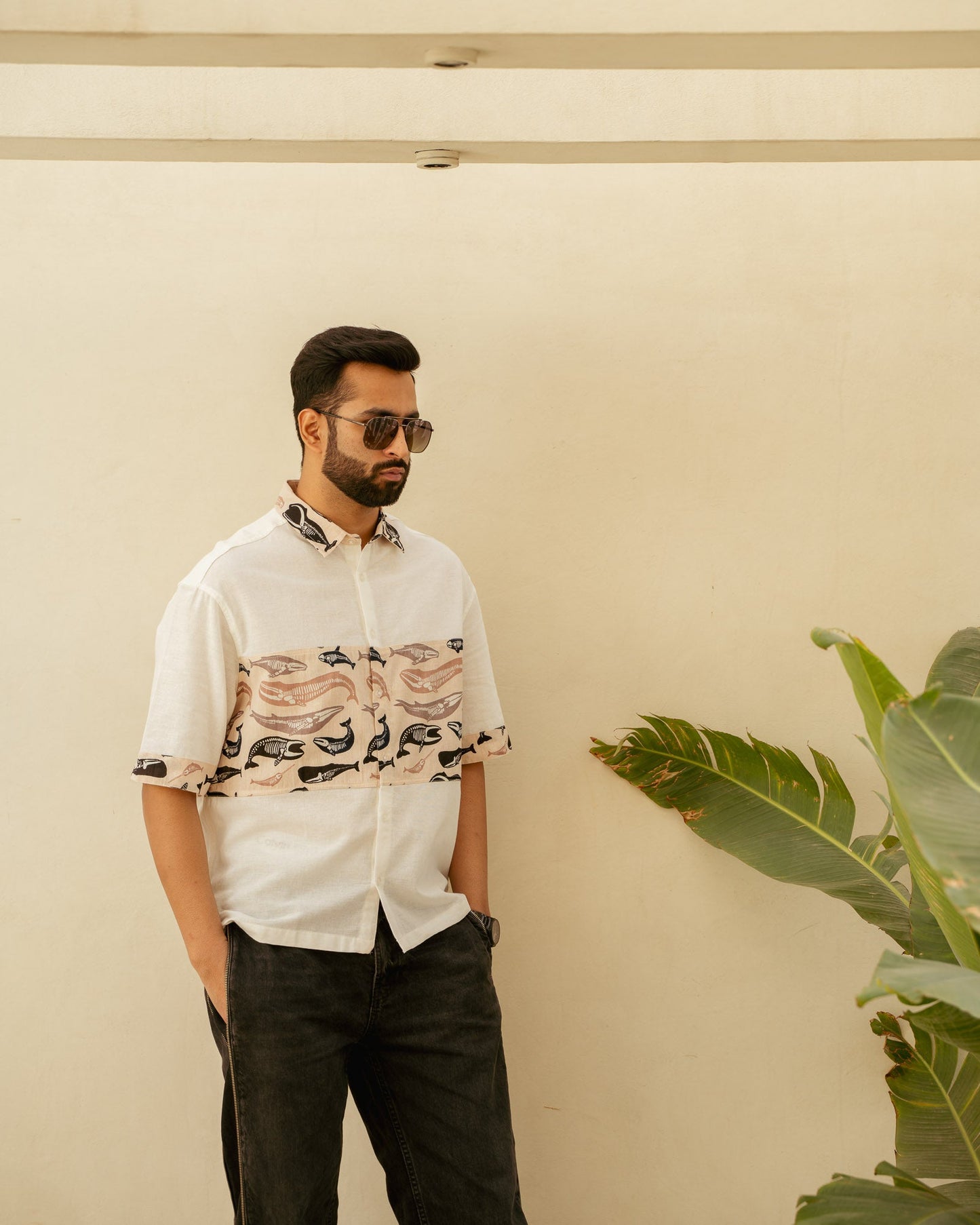Skeleton Fish Flirt Middle Patch Oversize Linen Shirt