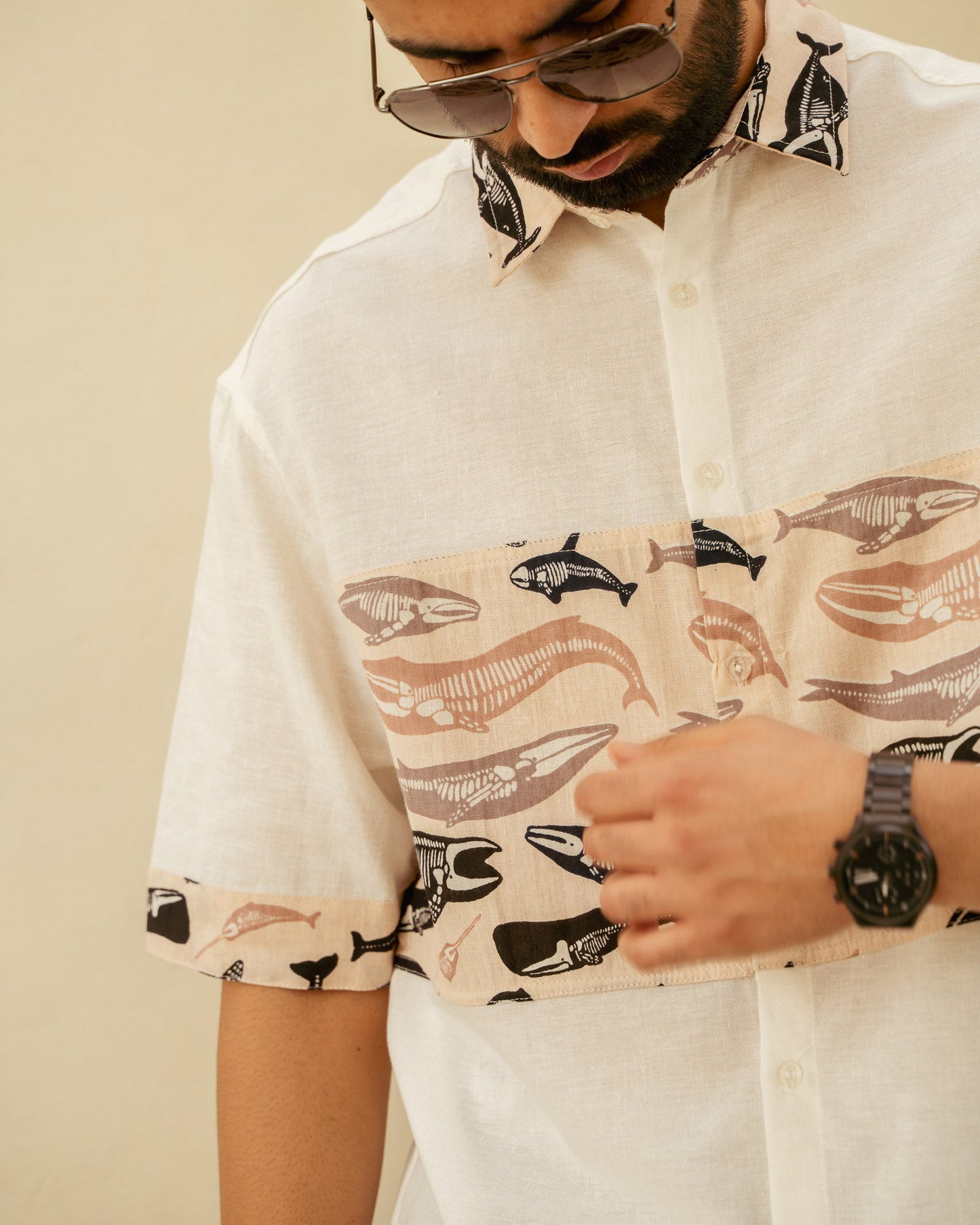 Skeleton Fish Flirt Middle Patch Oversize Linen Shirt