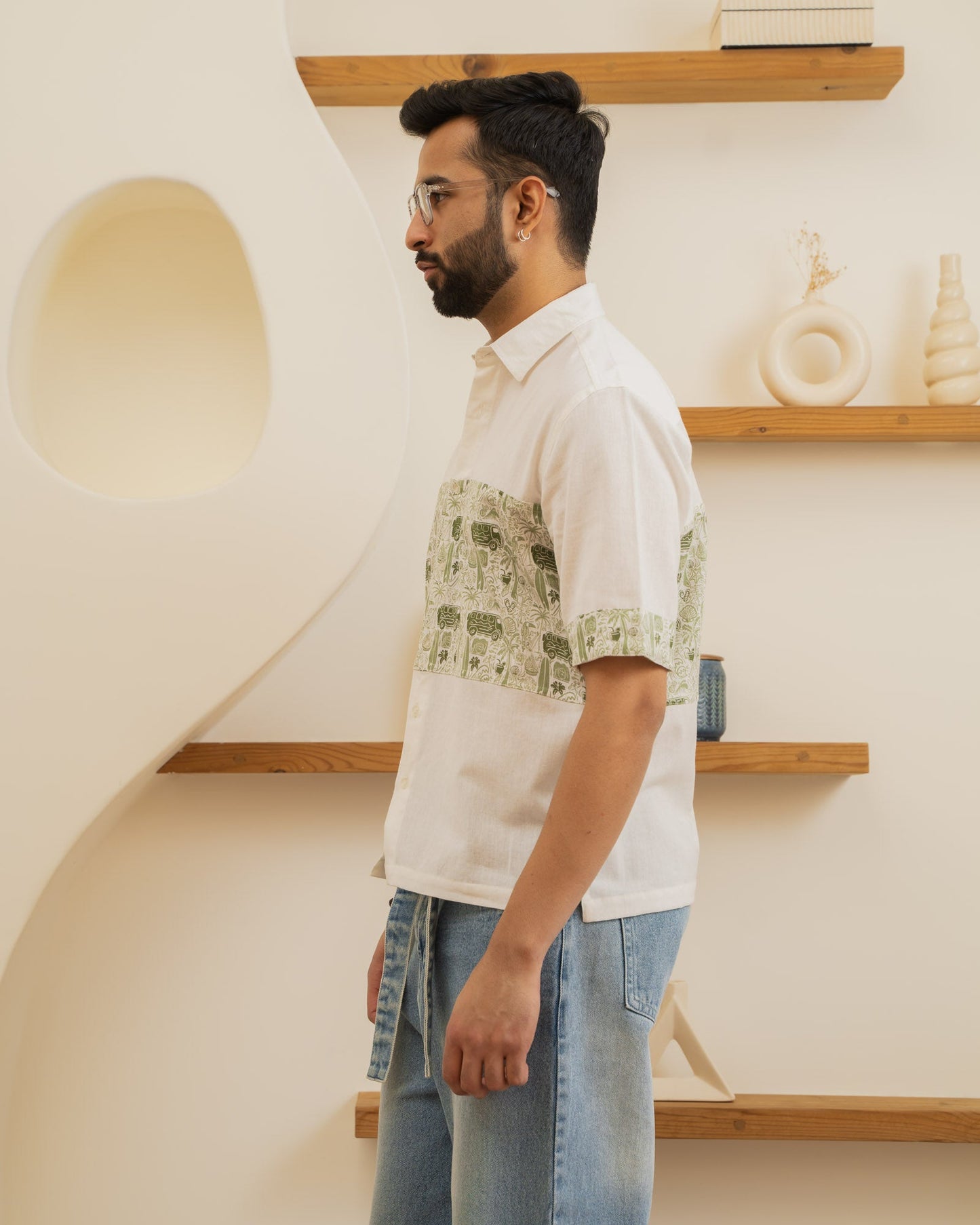 Beach Doodle Olive Middle Patch Linen Shirt
