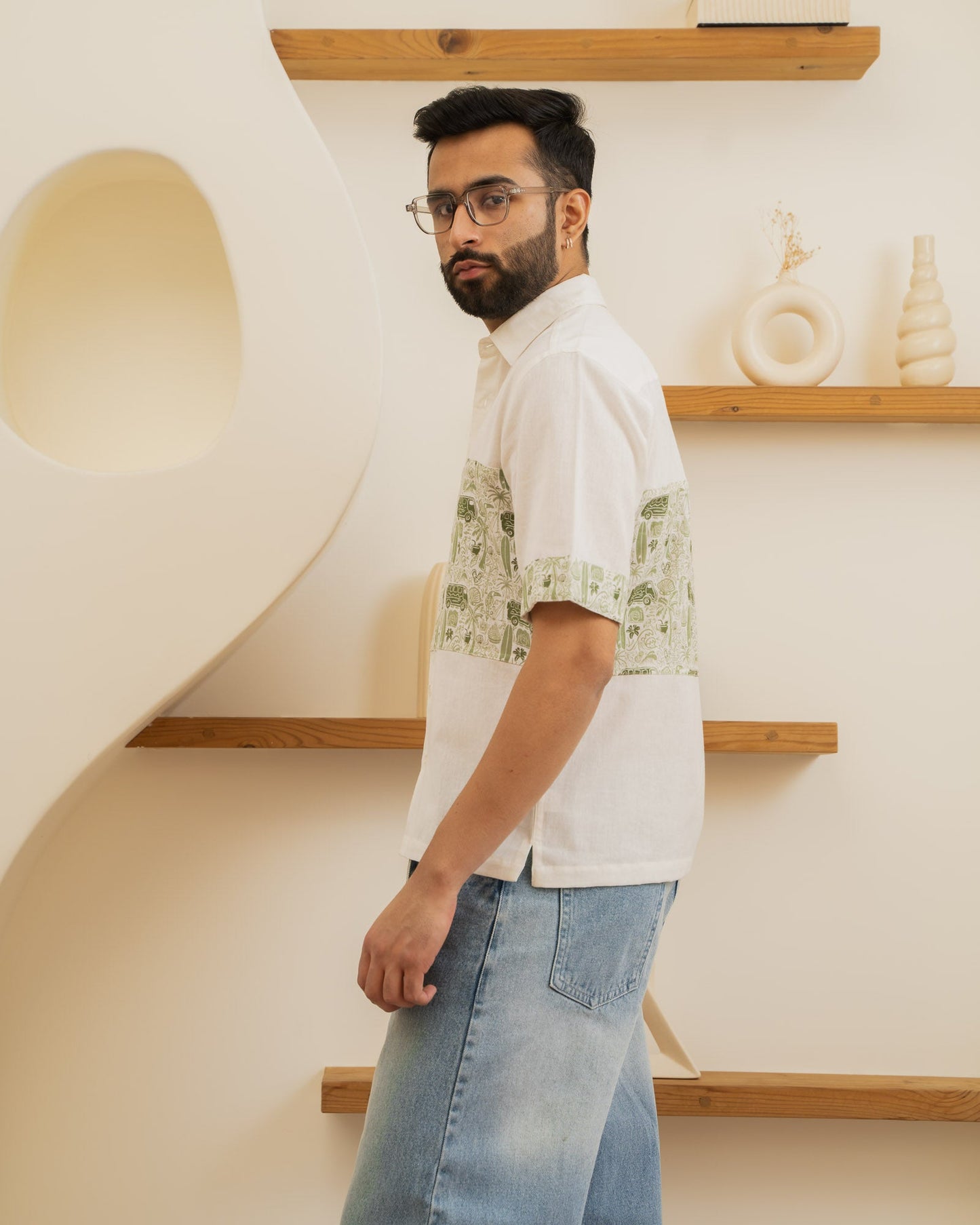 Beach Doodle Olive Middle Patch Linen Shirt