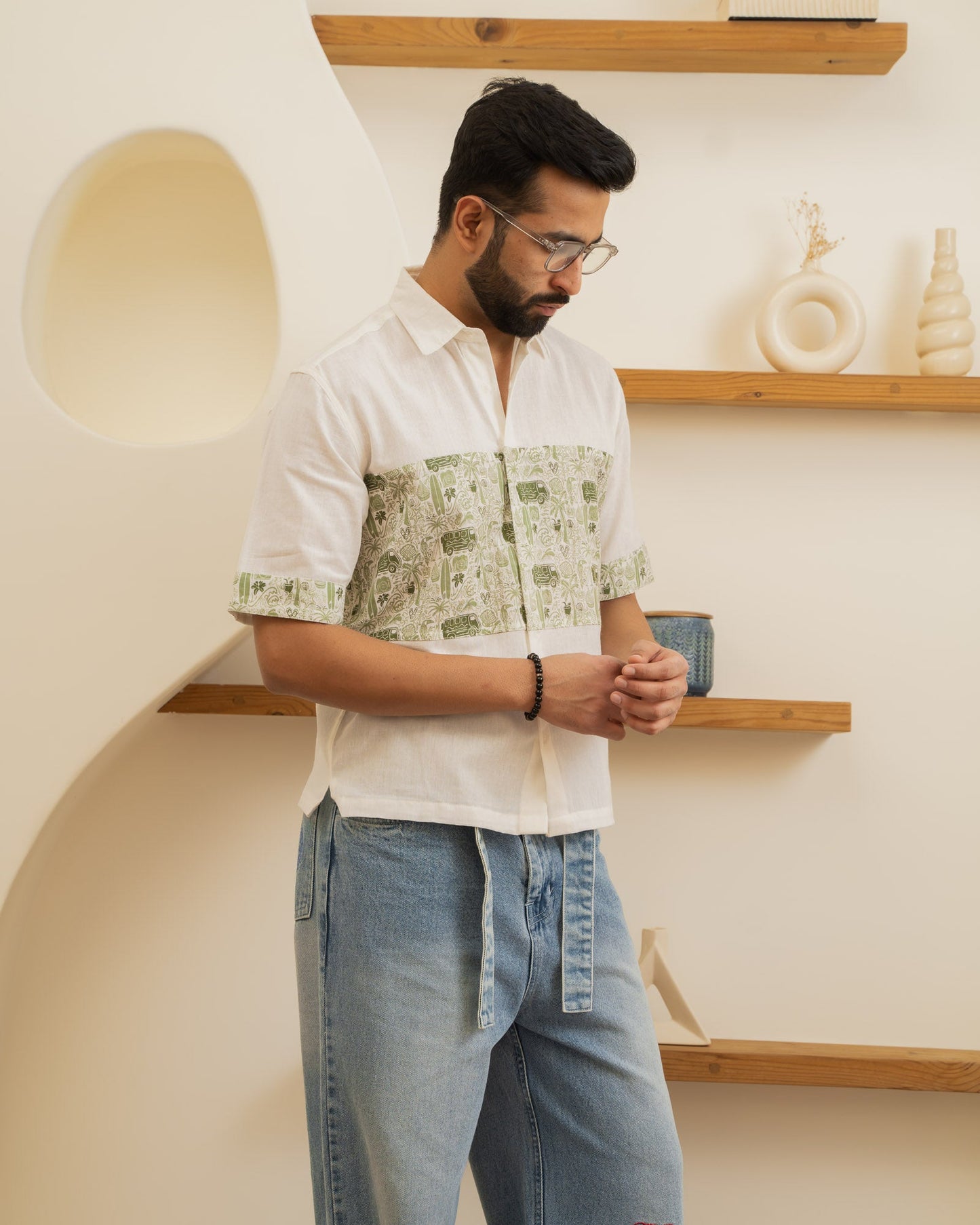 Beach Doodle Olive Middle Patch Linen Shirt