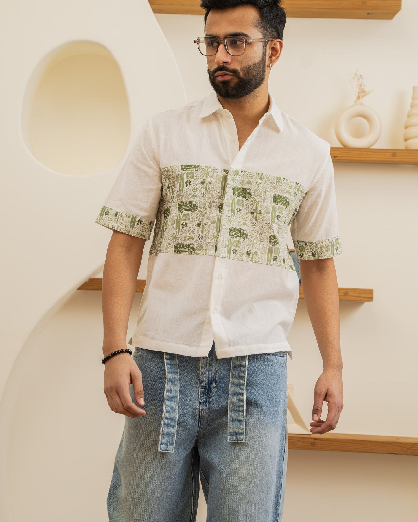Beach Doodle Olive Middle Patch Linen Shirt