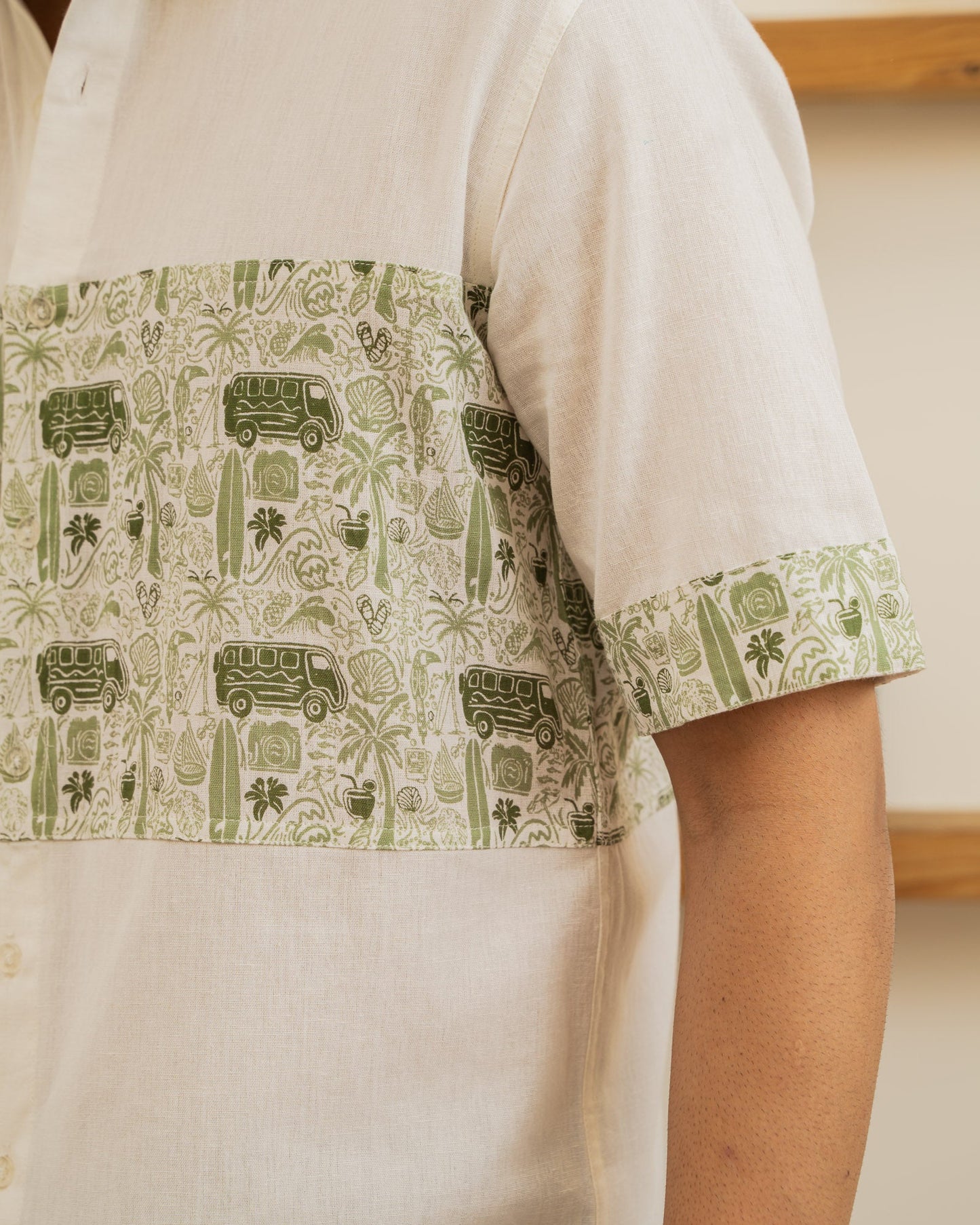 Beach Doodle Olive Middle Patch Linen Shirt