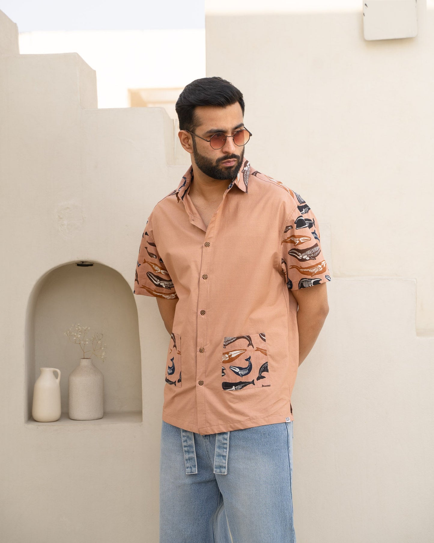 Skeleton Fish Brown Pocket Cotton Shirt