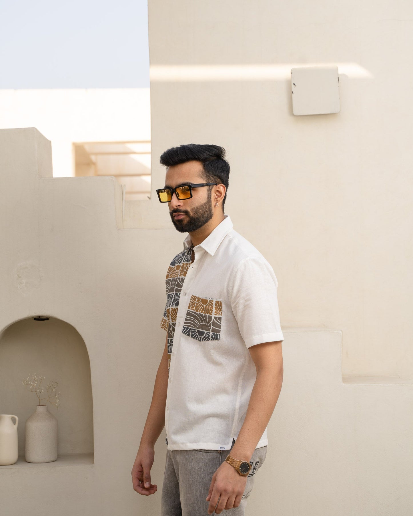 Beach Sun Half And Half Beige Linen Shirt