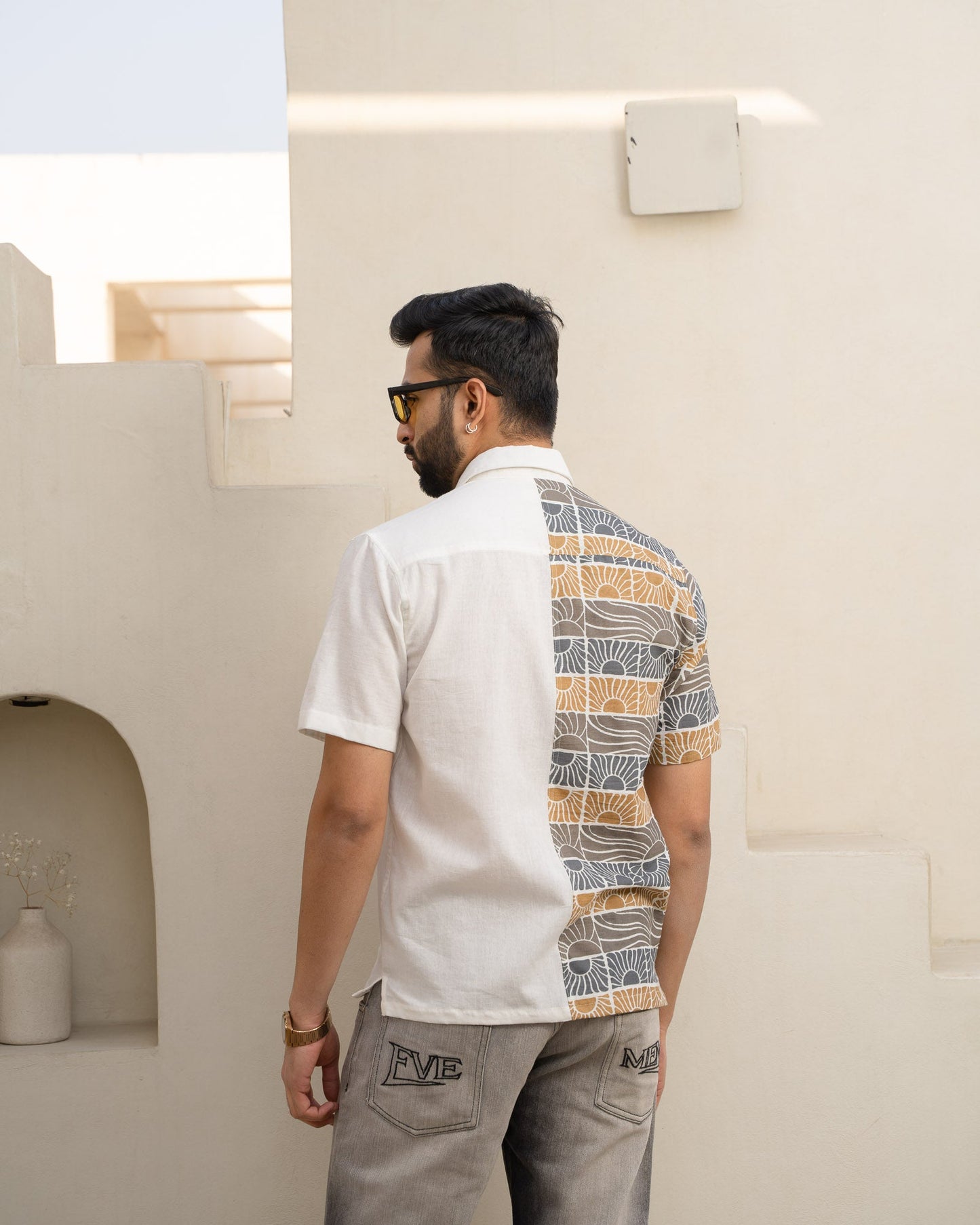 Beach Sun Half And Half Beige Linen Shirt
