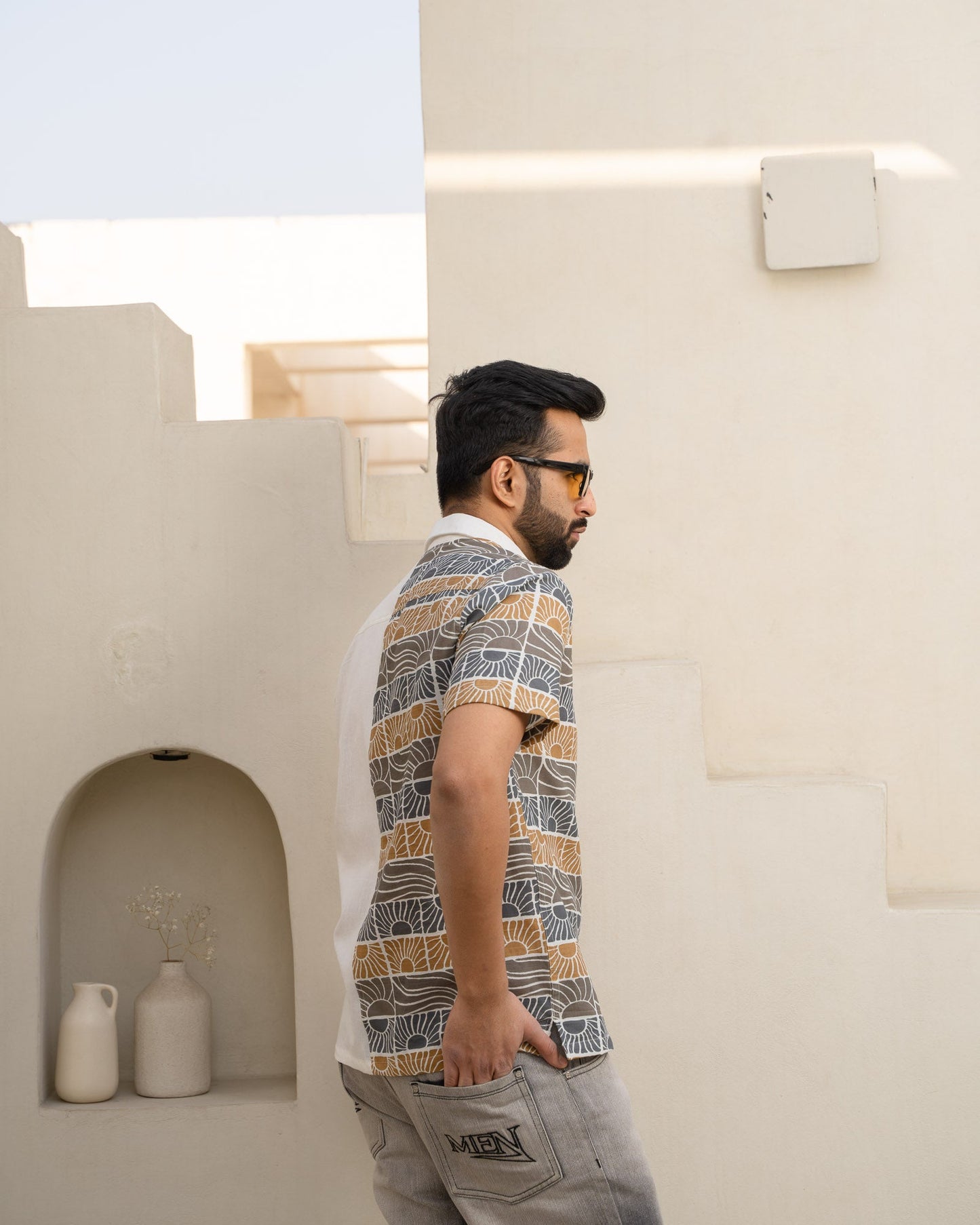 Beach Sun Half And Half Beige Linen Shirt