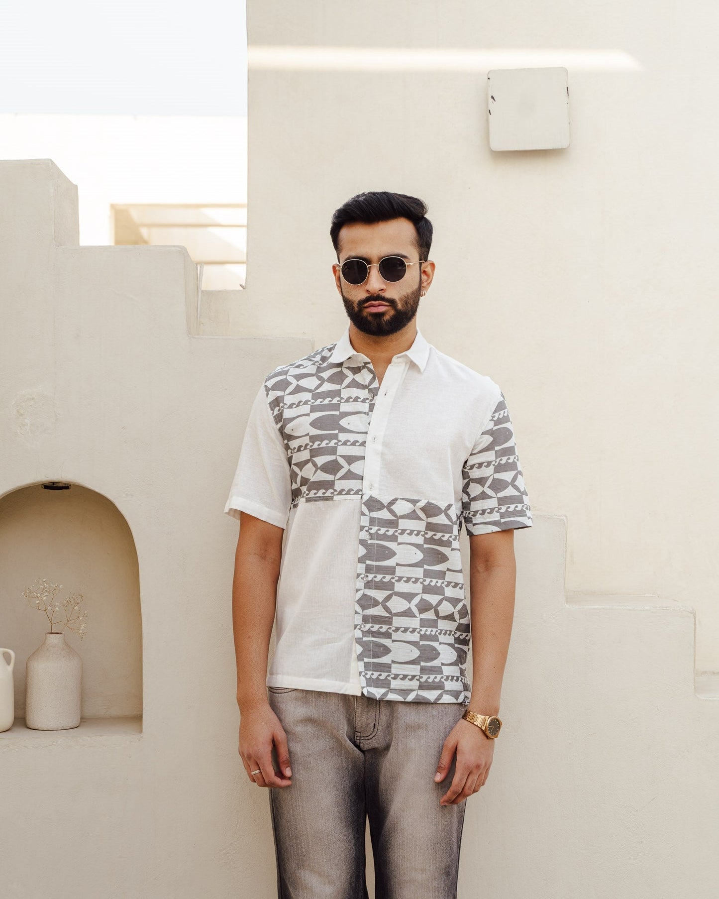 Funky Fish Teal Blue Checks Linen Shirt