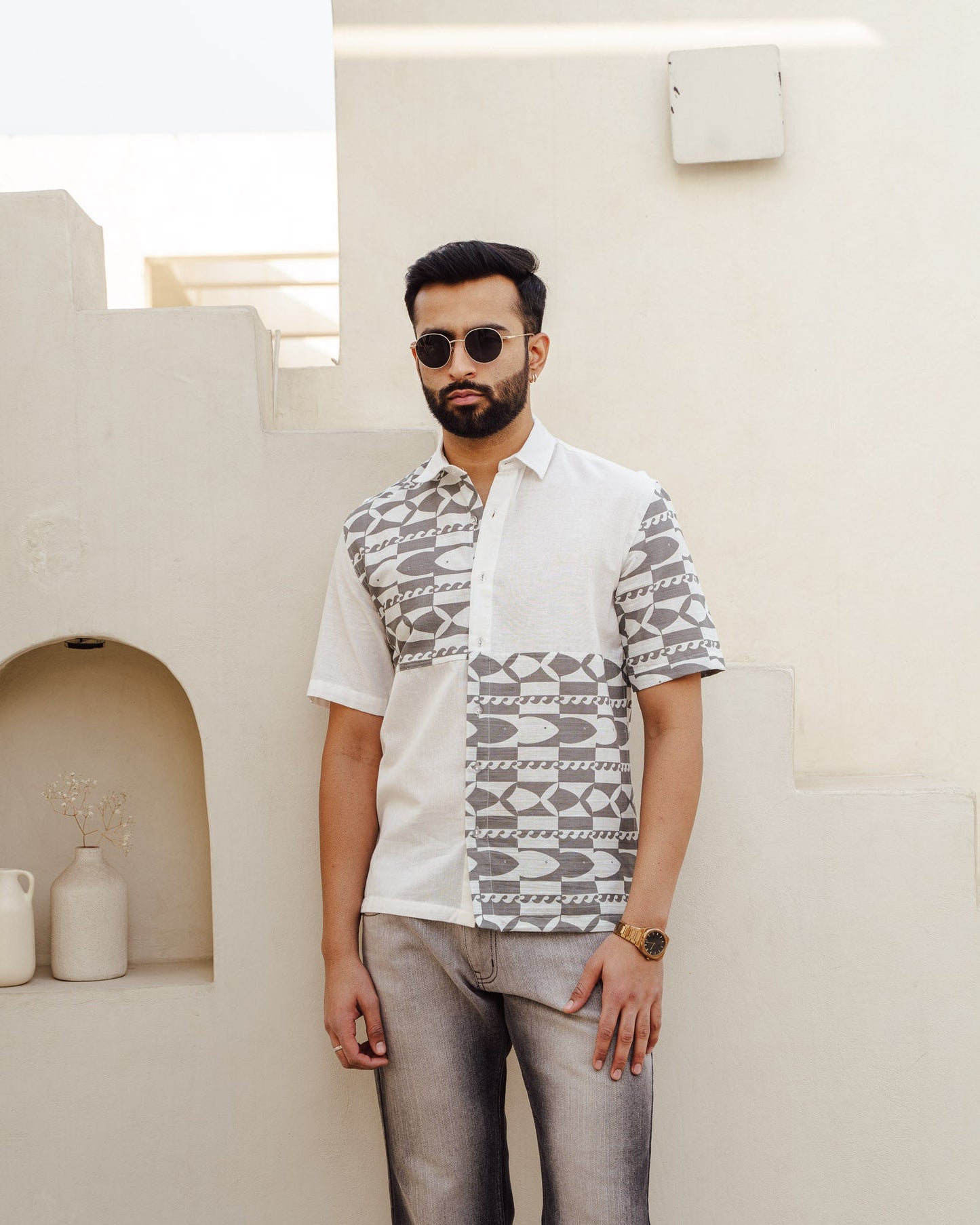 Funky Fish Teal Blue Checks Linen Shirt