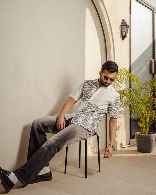 Funky Fish Teal Blue Checks Linen Shirt