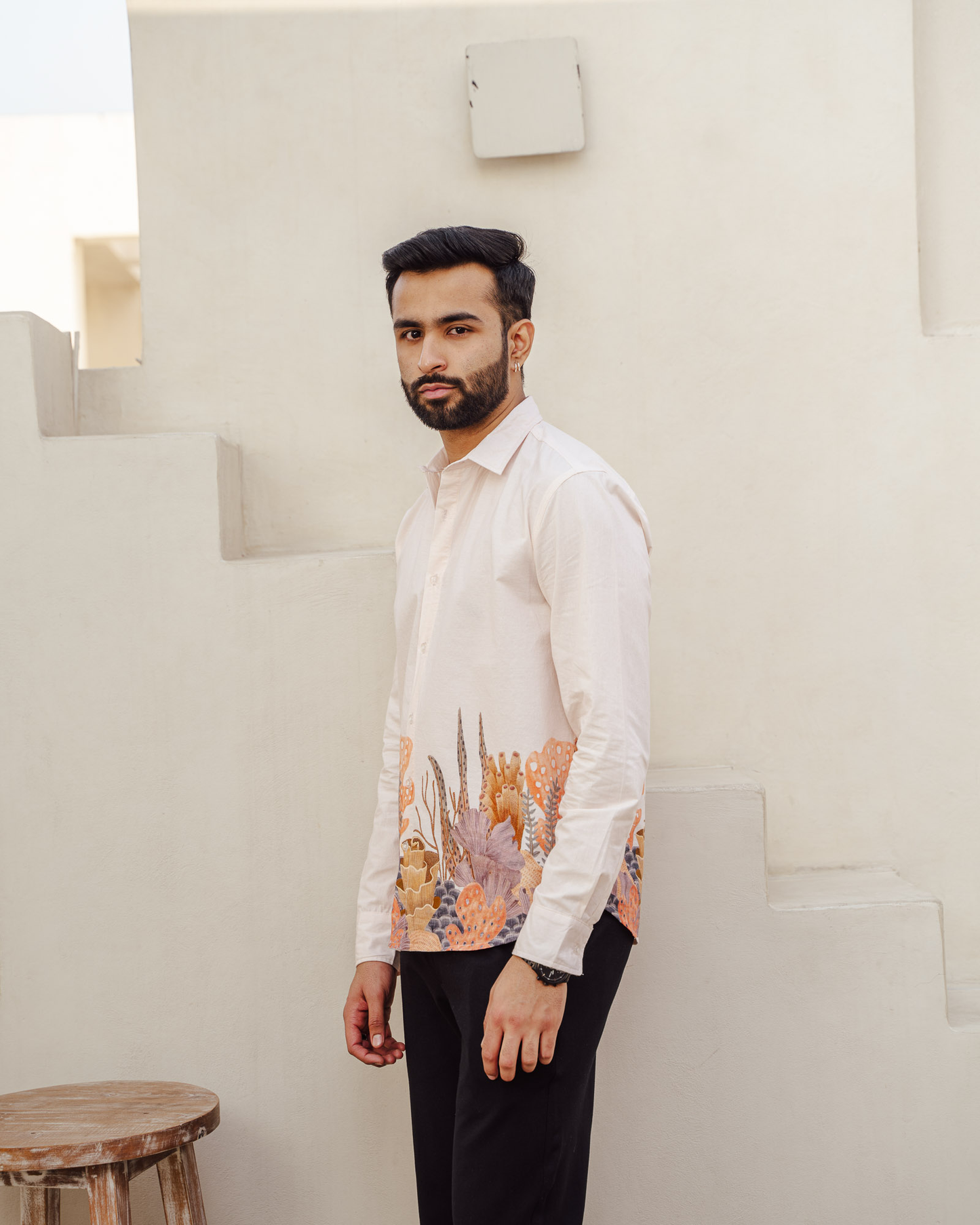 Aquatic Plant Ivory Full Sleeves Cotton Shirt