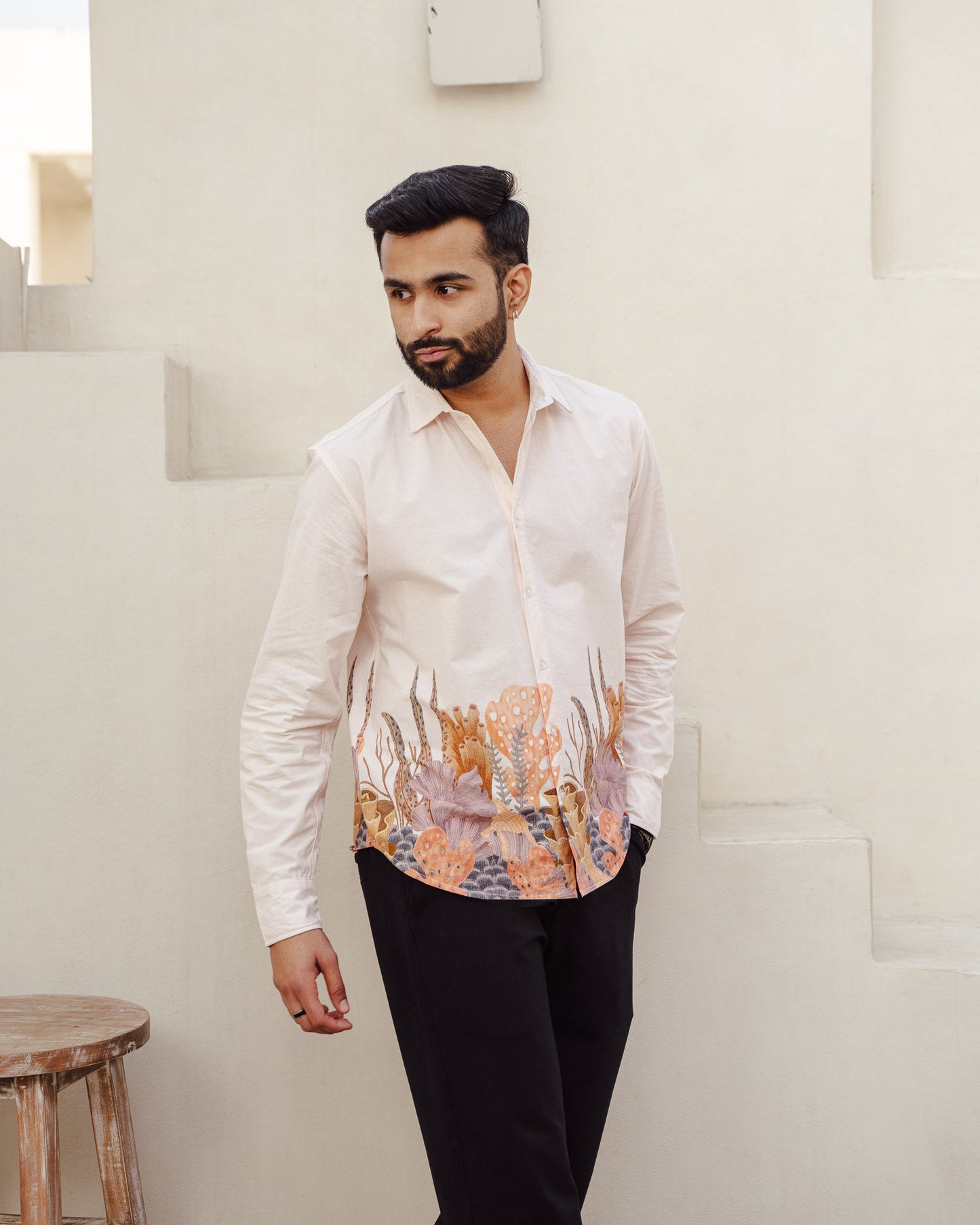 Aquatic Plant Ivory Full Sleeves Cotton Shirt