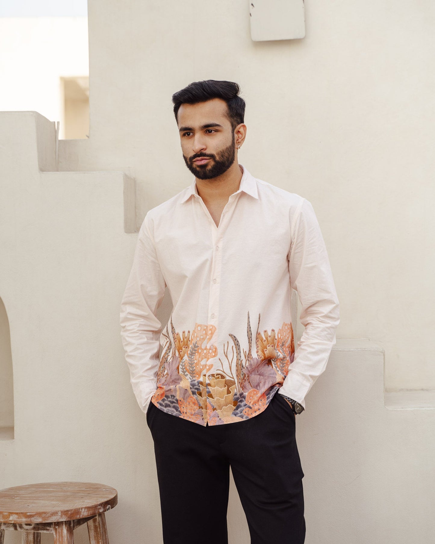 Aquatic Plant Ivory Full Sleeves Cotton Shirt