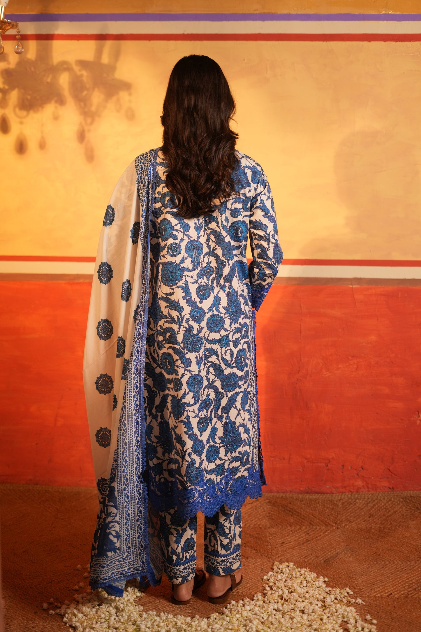 Blue Floral Print Cotton Kurta set with Dupatta