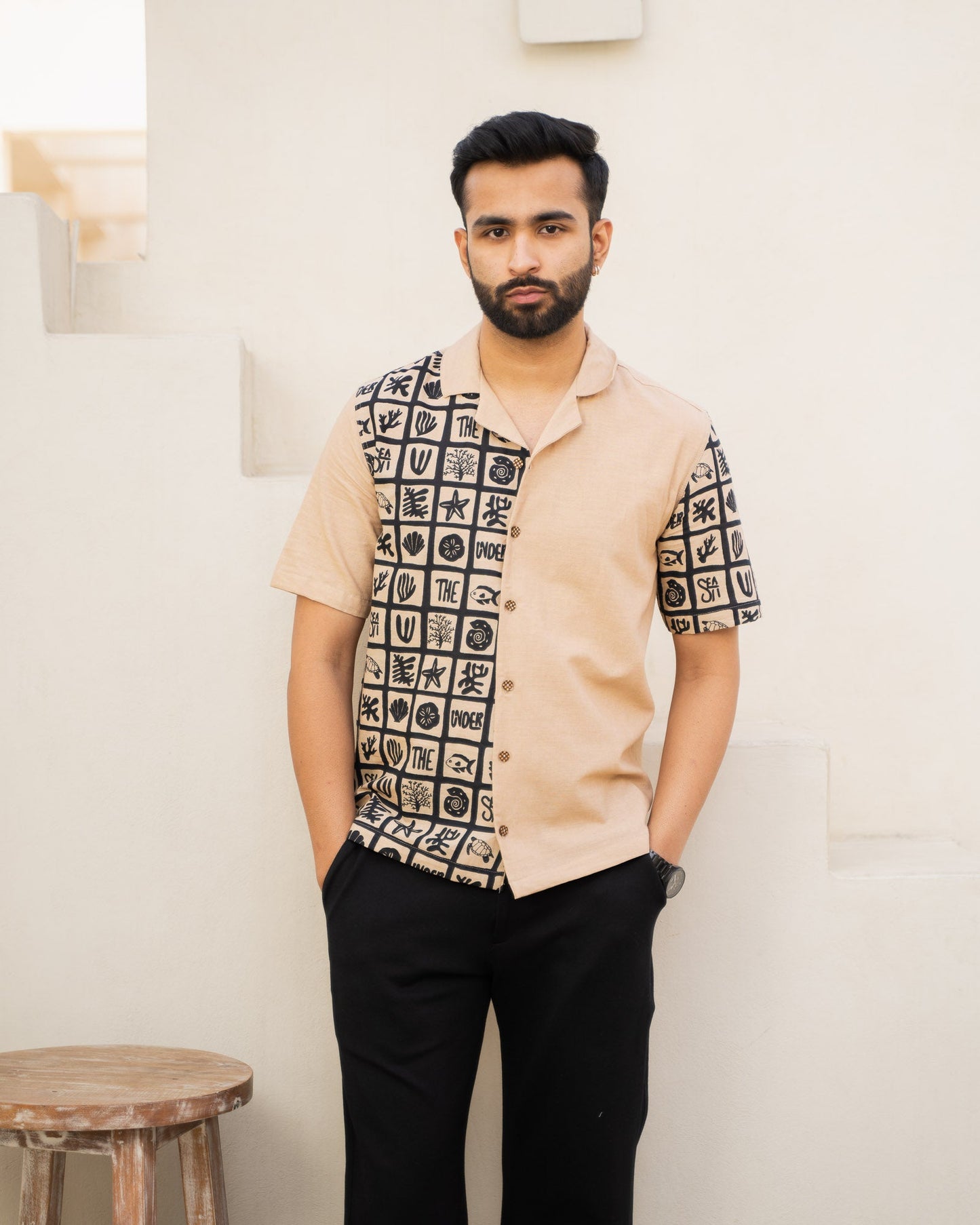 Aqua Block Ebony Beige Linen Shirt