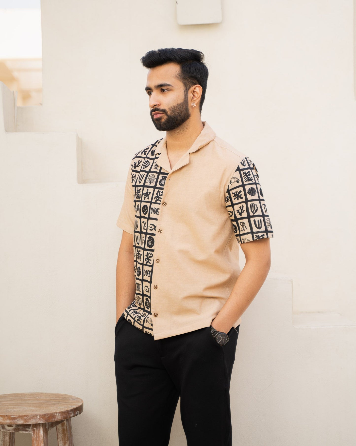 Aqua Block Ebony Beige Linen Shirt