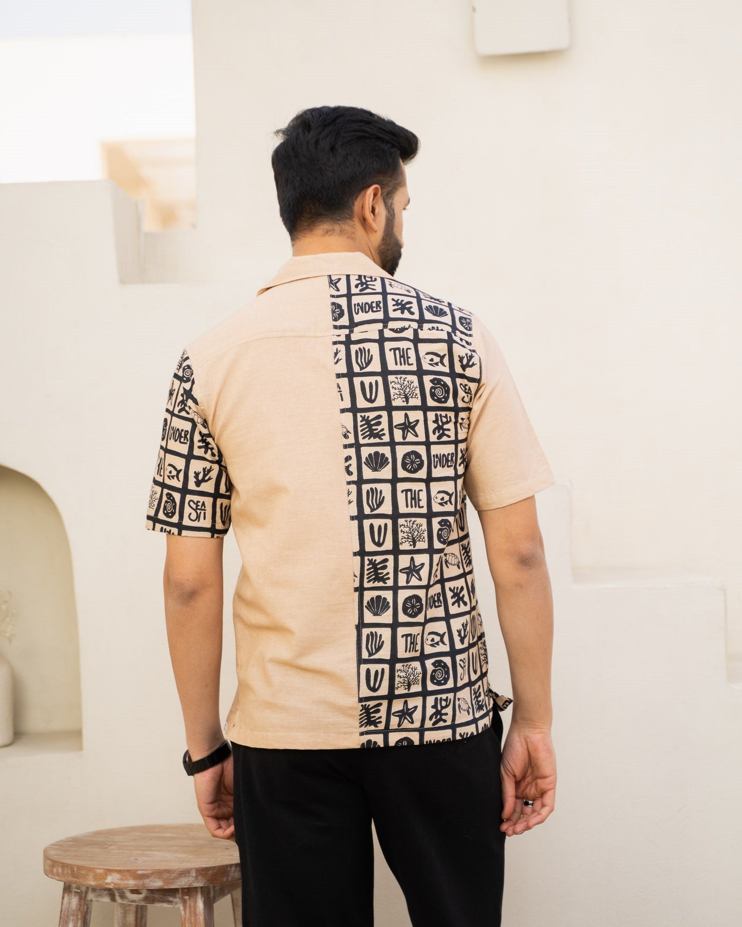Aqua Block Ebony Beige Linen Shirt