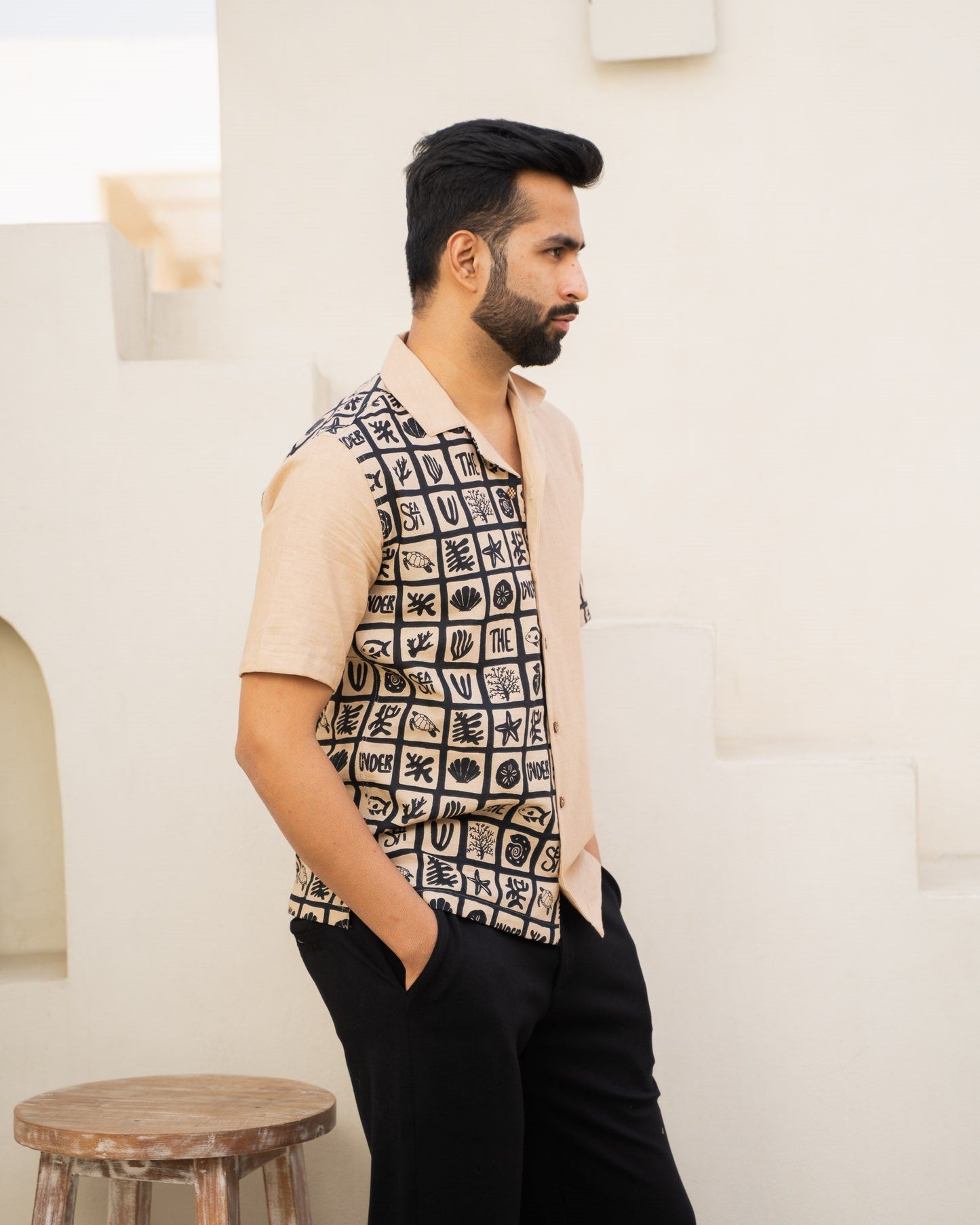 Aqua Block Ebony Beige Linen Shirt