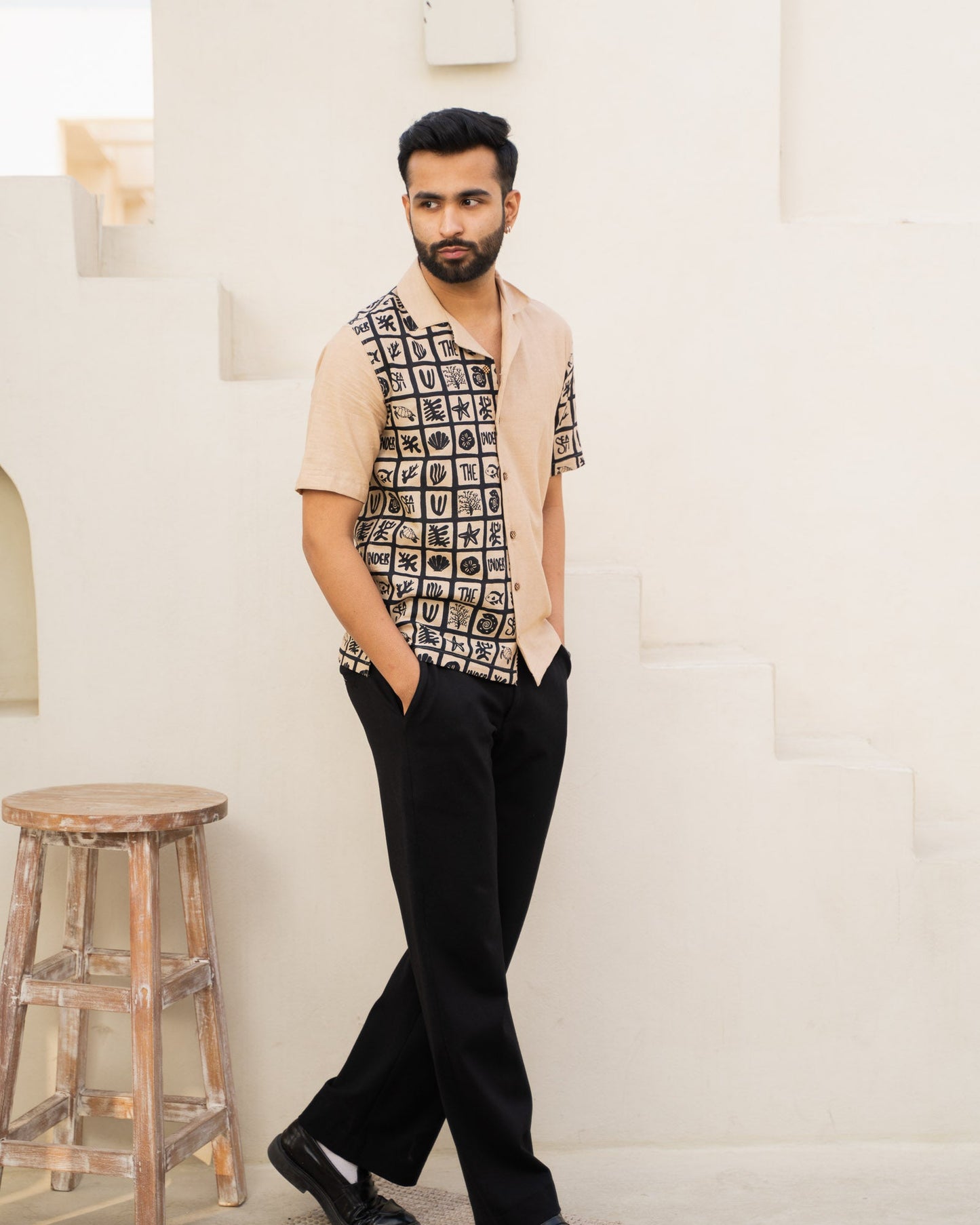 Aqua Block Ebony Beige Linen Shirt