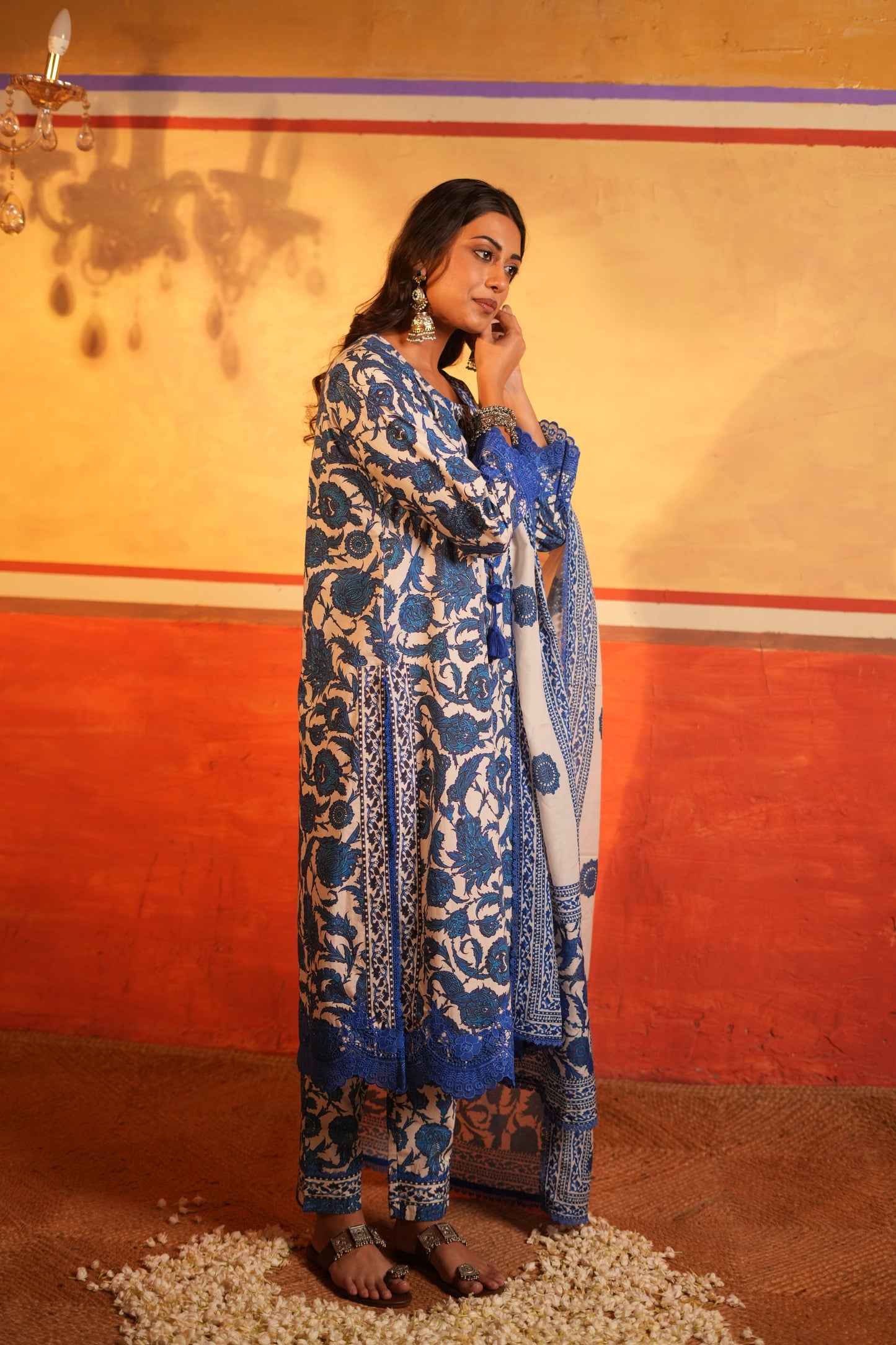 Blue Floral Print Cotton Kurta set with Dupatta