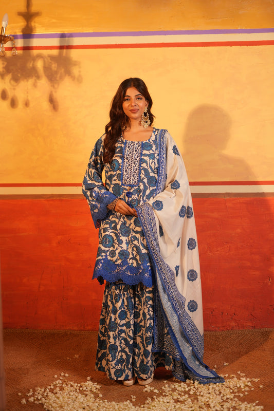 Blue Floral Printed Cotton Garara Set with Dupatta