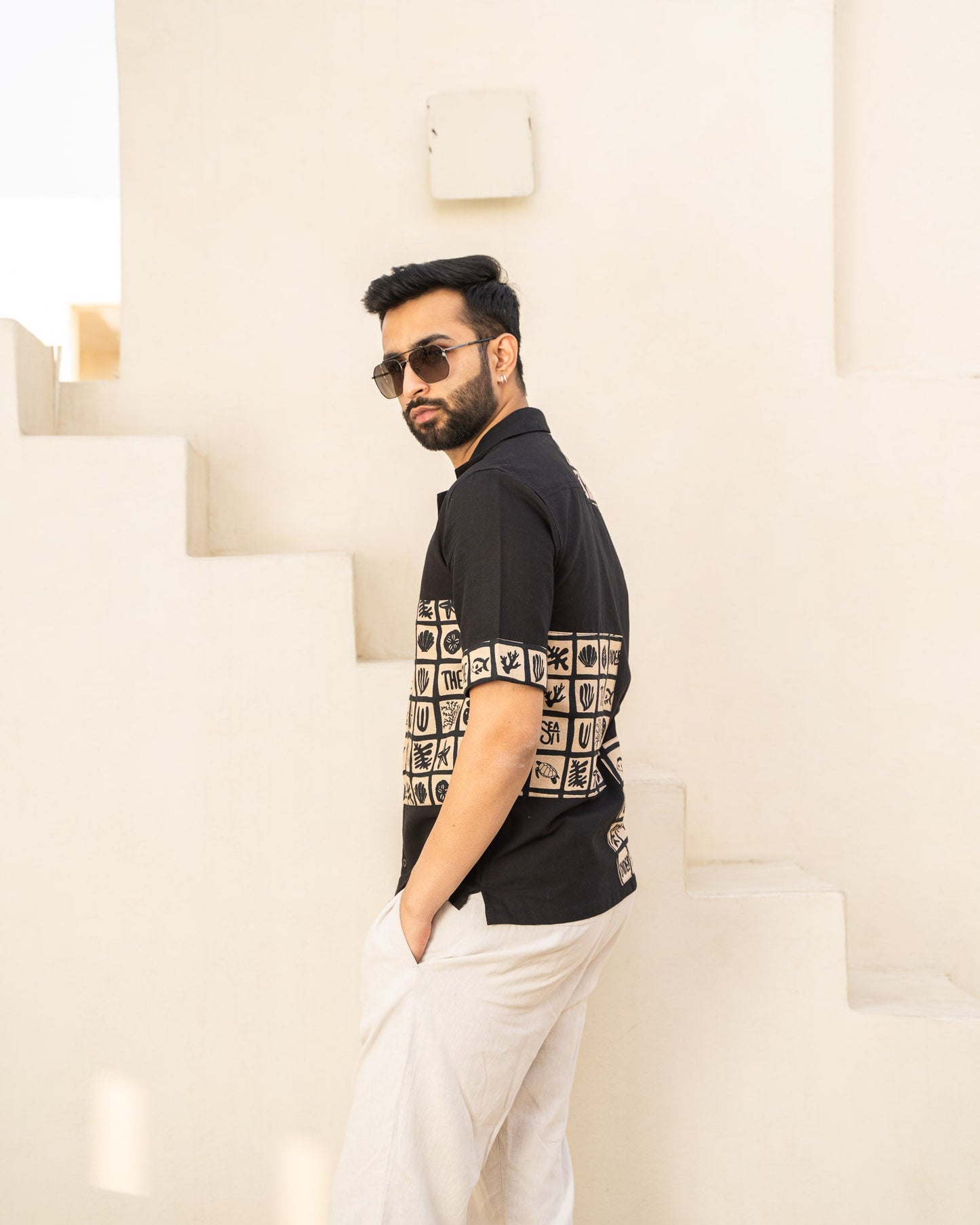 Aqua Block Ebony Maze Linen Shirt