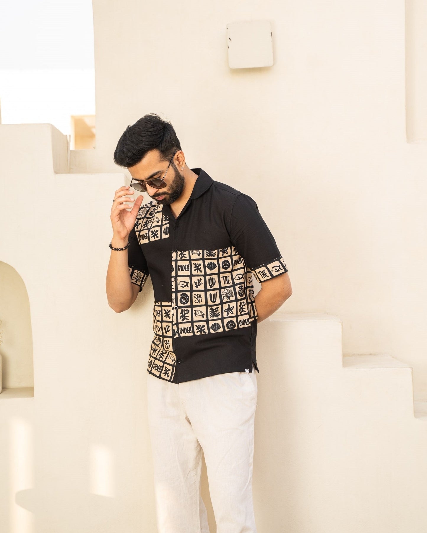 Aqua Block Ebony Maze Linen Shirt