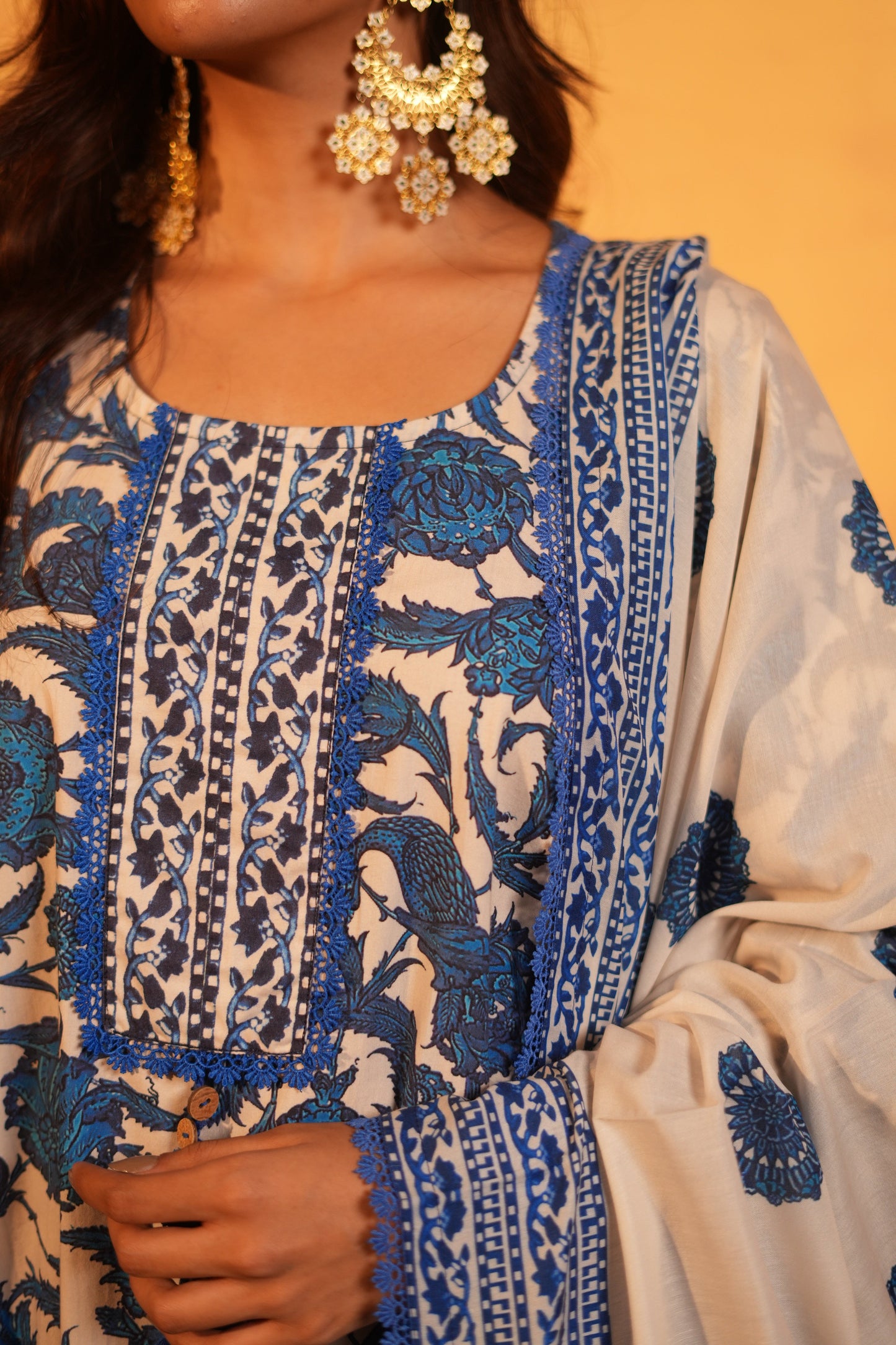 Blue Floral Printed Cotton Garara Set with Dupatta