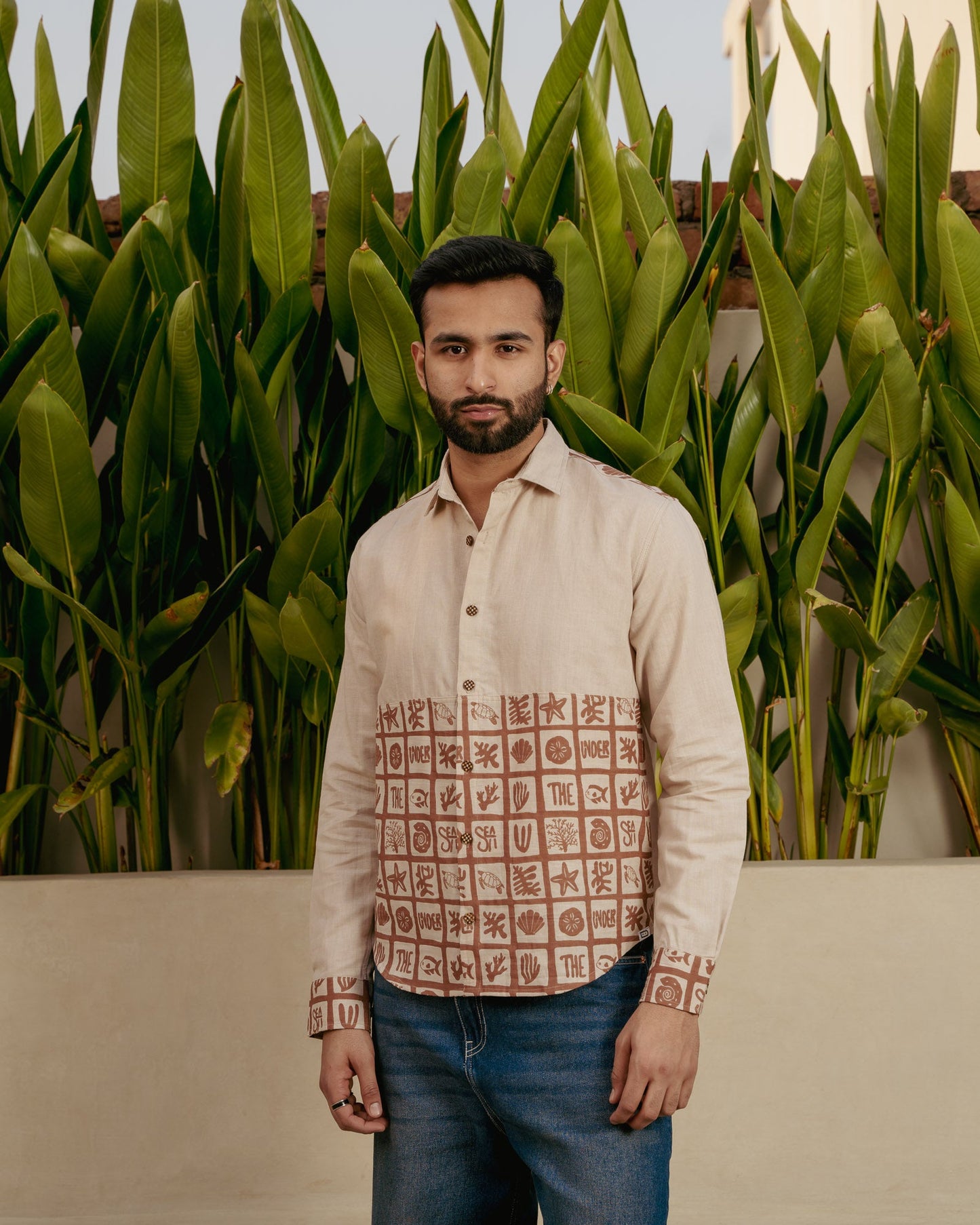 Aqua Block Terracotta Lower Patch Full Sleeves Linen Shirt