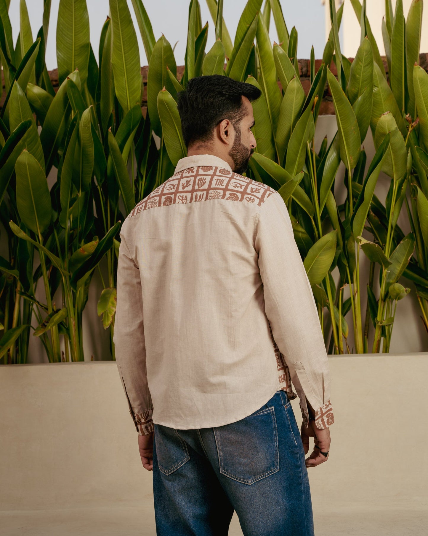 Aqua Block Terracotta Lower Patch Full Sleeves Linen Shirt