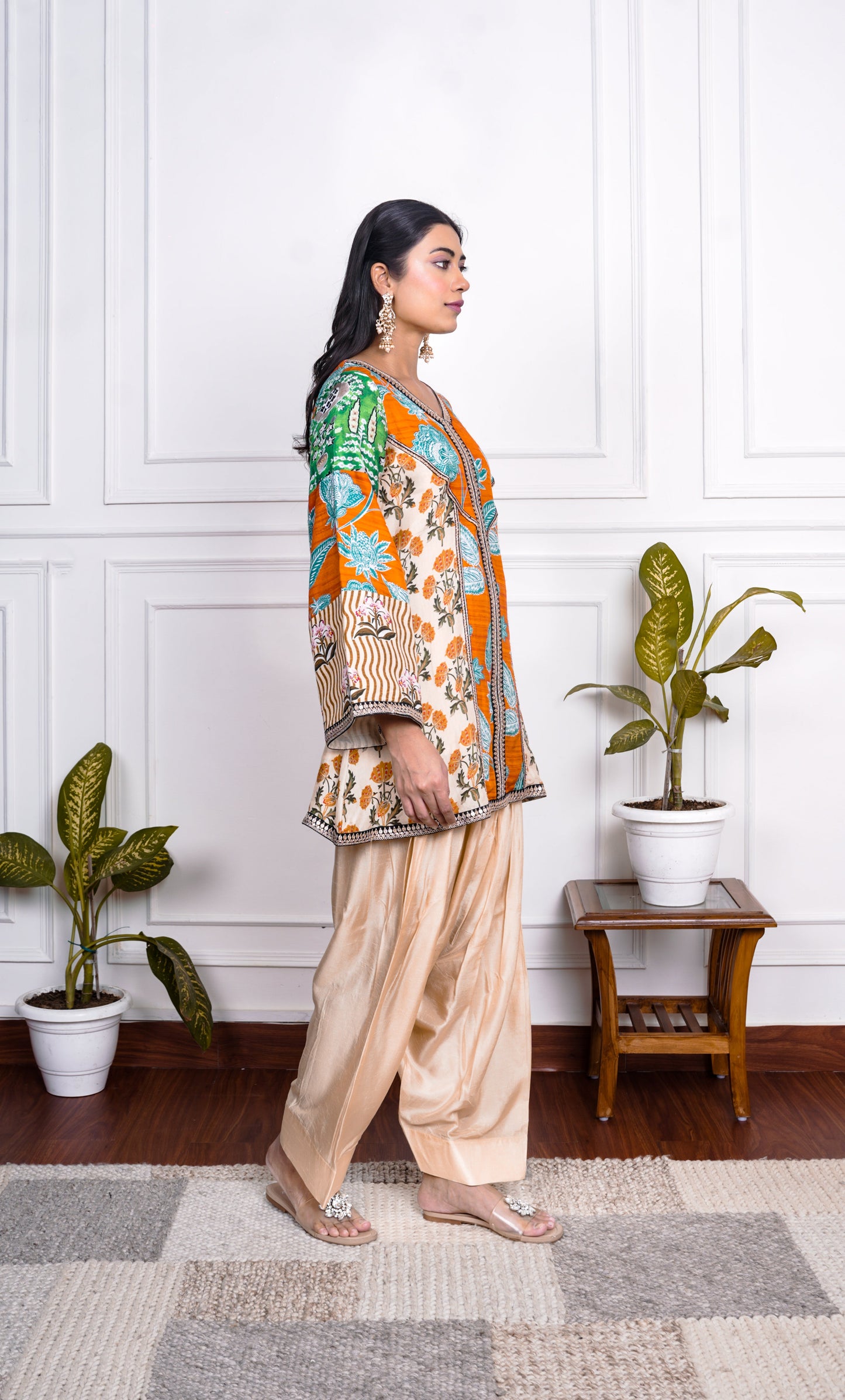 Multicolor Printed Dola Silk farsi Salwar Set