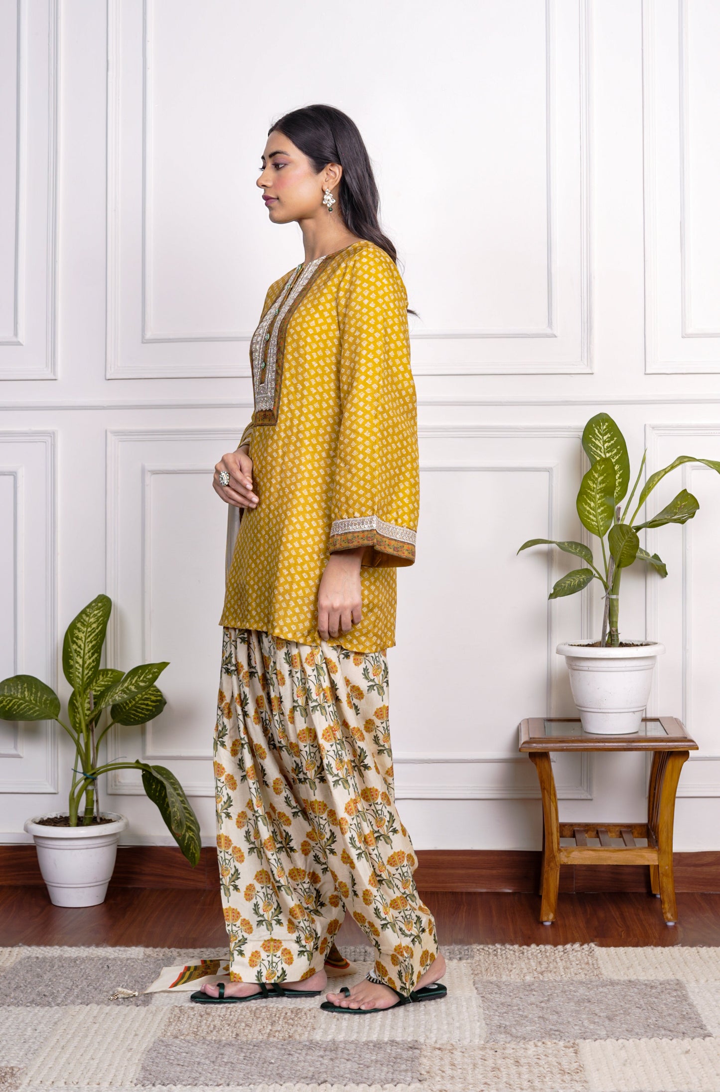 Yellow Printed Dola Silk Farsi Salwar With Dupatta