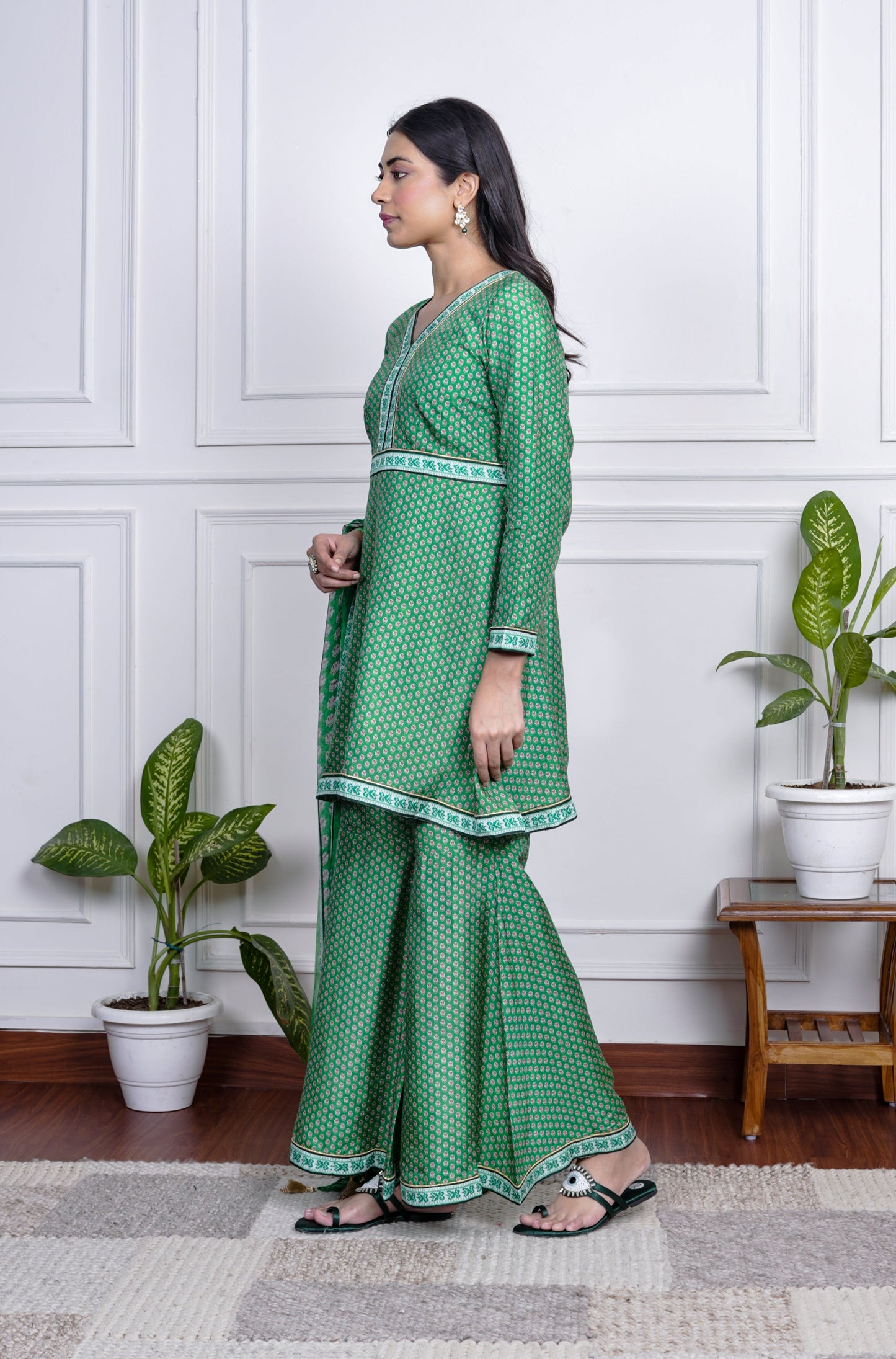 Green Dola Silk Printed Sharara Set With Dupatta