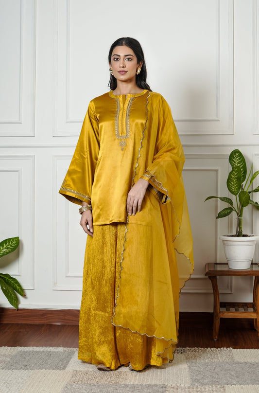 Mustered Yellow Gajji Silk Embroidered Sharara Set with Elasticated Waist Pant and Dupatta