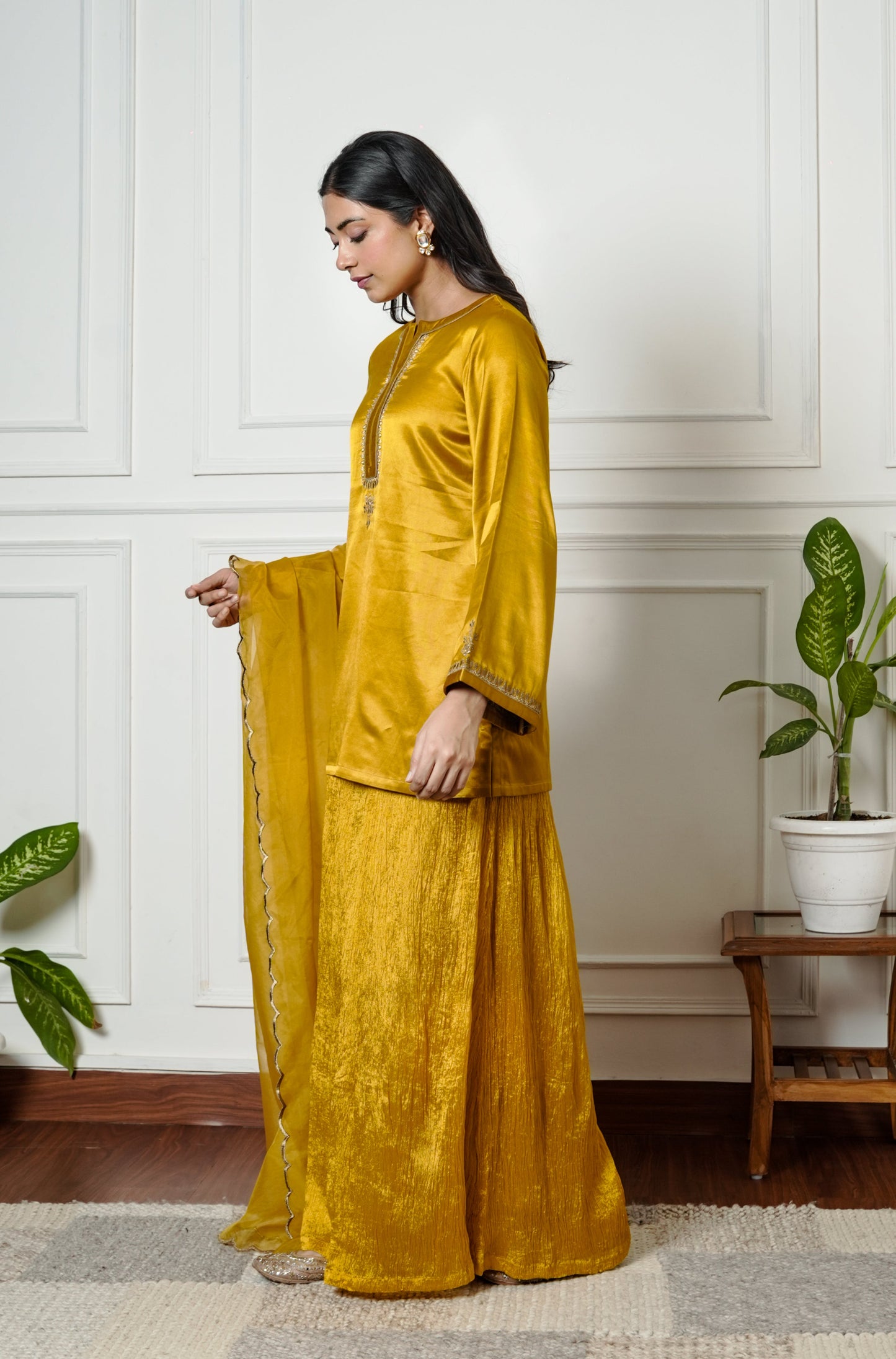 Mustered Yellow Gajji Silk Embroidered Sharara Set with Elasticated Waist Pant and Dupatta