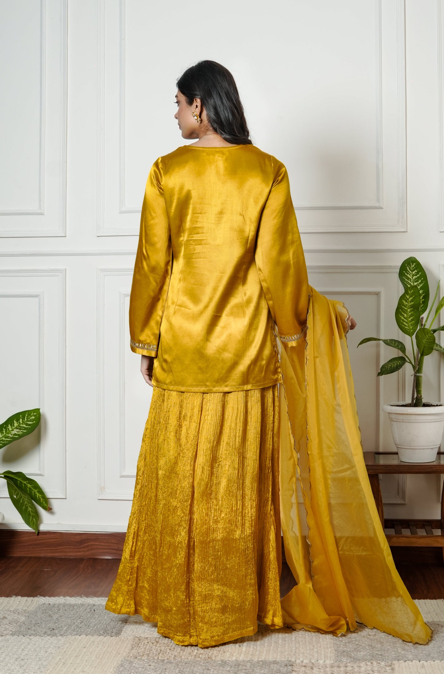 Mustered Yellow Gajji Silk Embroidered Sharara Set with Elasticated Waist Pant and Dupatta