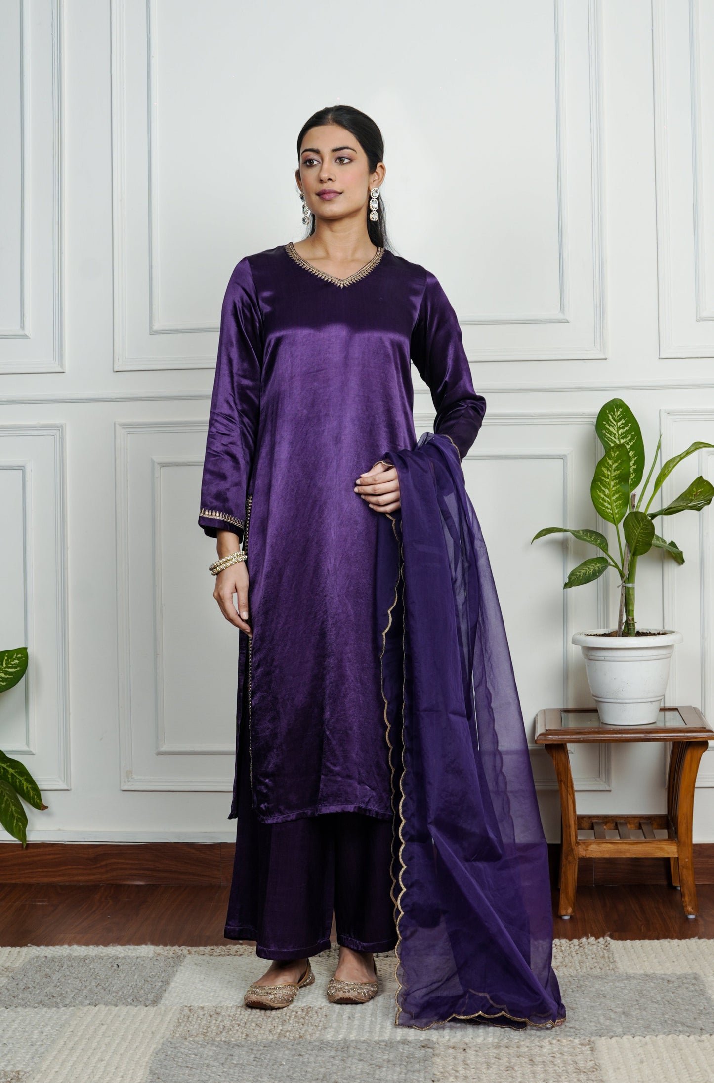 Purple Embroidered Gajji Silk Kurta Set With Dupatta