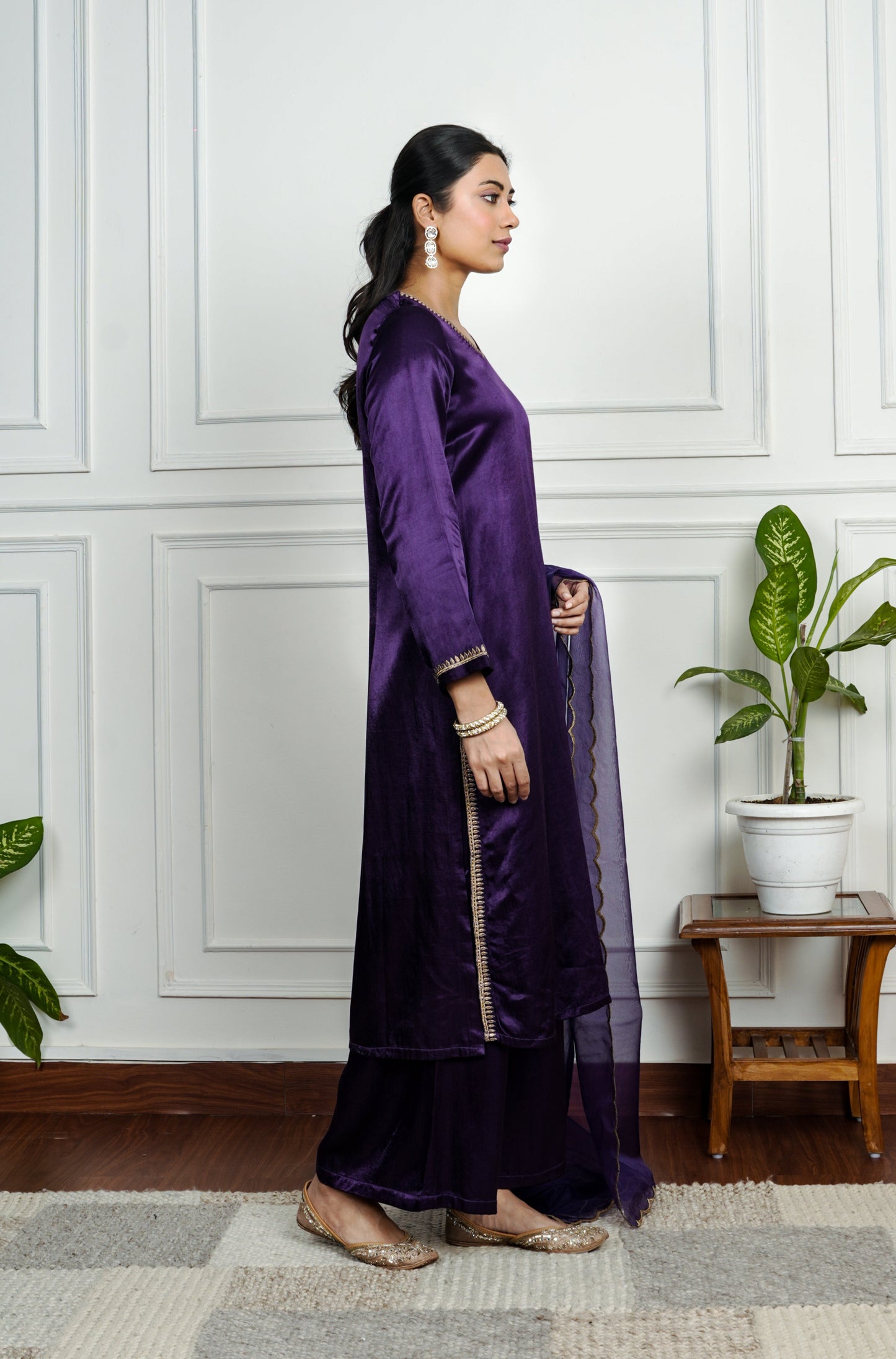 Purple Embroidered Gajji Silk Kurta Set With Dupatta