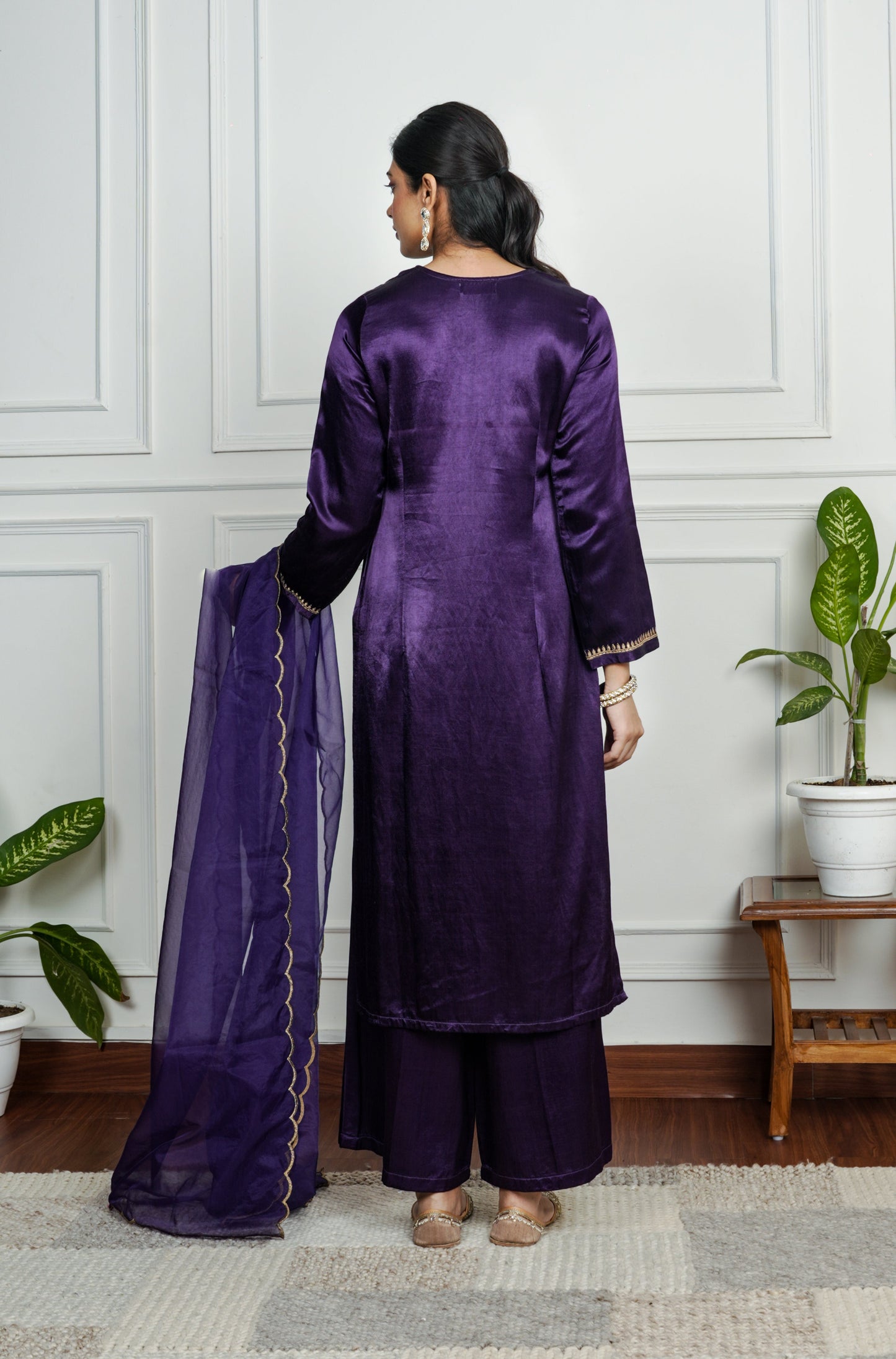 Purple Embroidered Gajji Silk Kurta Set With Dupatta