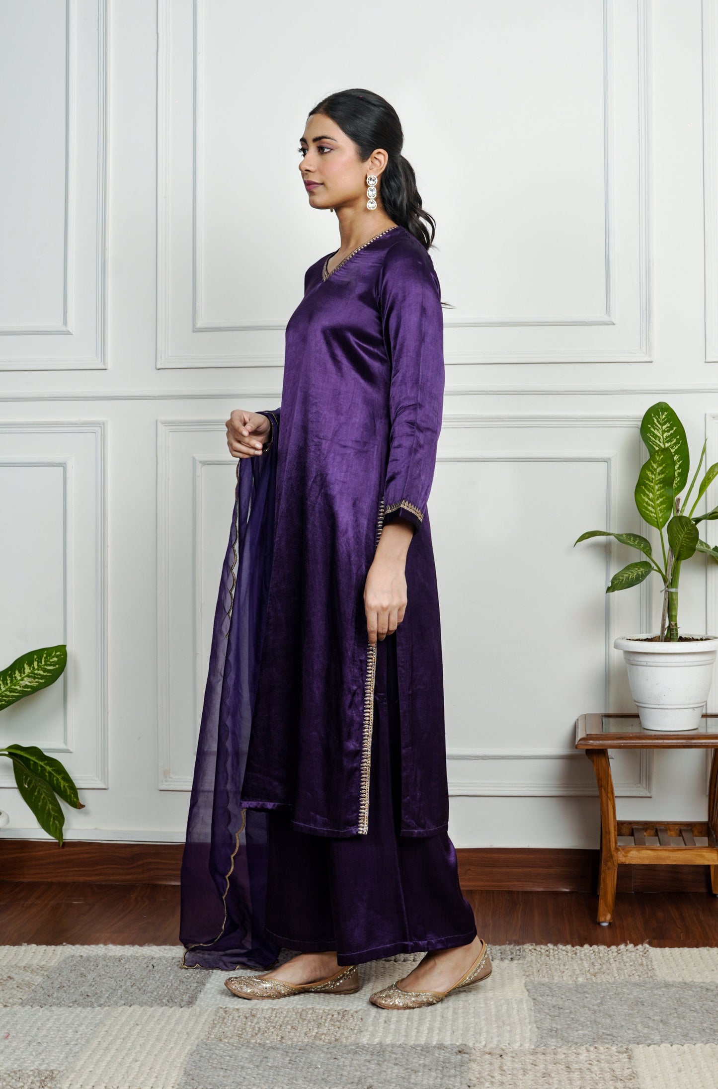 Purple Embroidered Gajji Silk Kurta Set With Dupatta