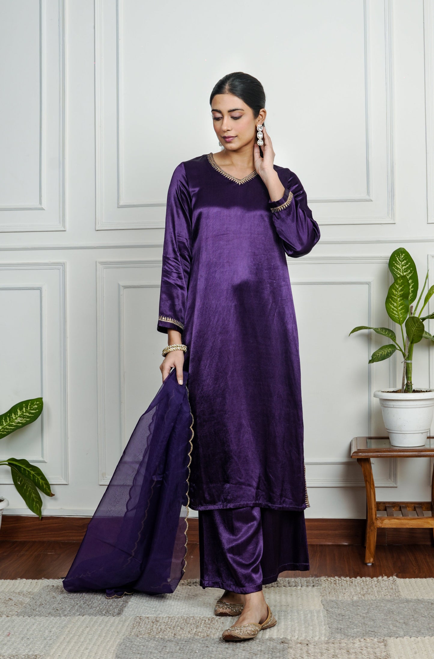 Purple Embroidered Gajji Silk Kurta Set With Dupatta