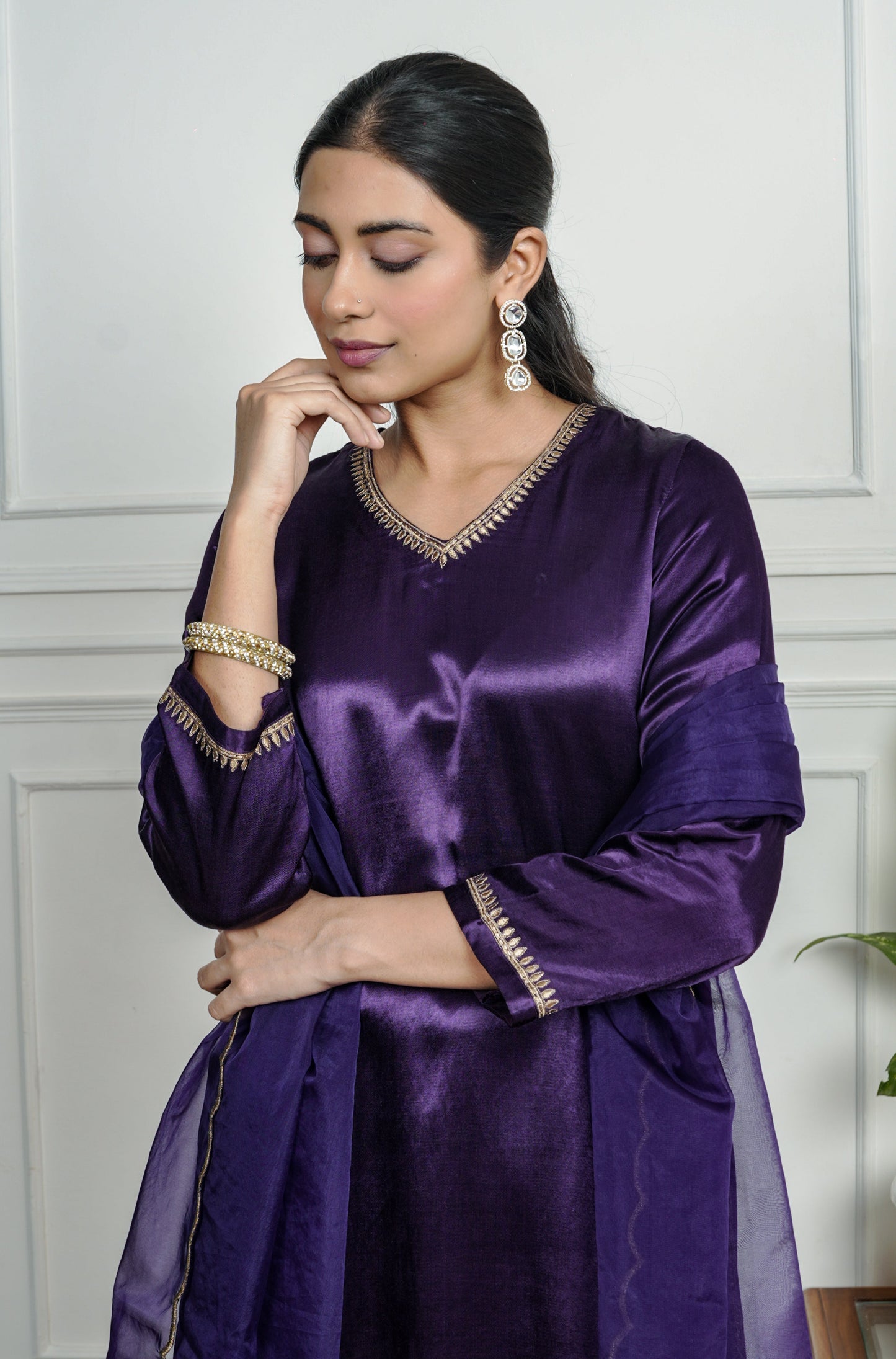 Purple Embroidered Gajji Silk Kurta Set With Dupatta