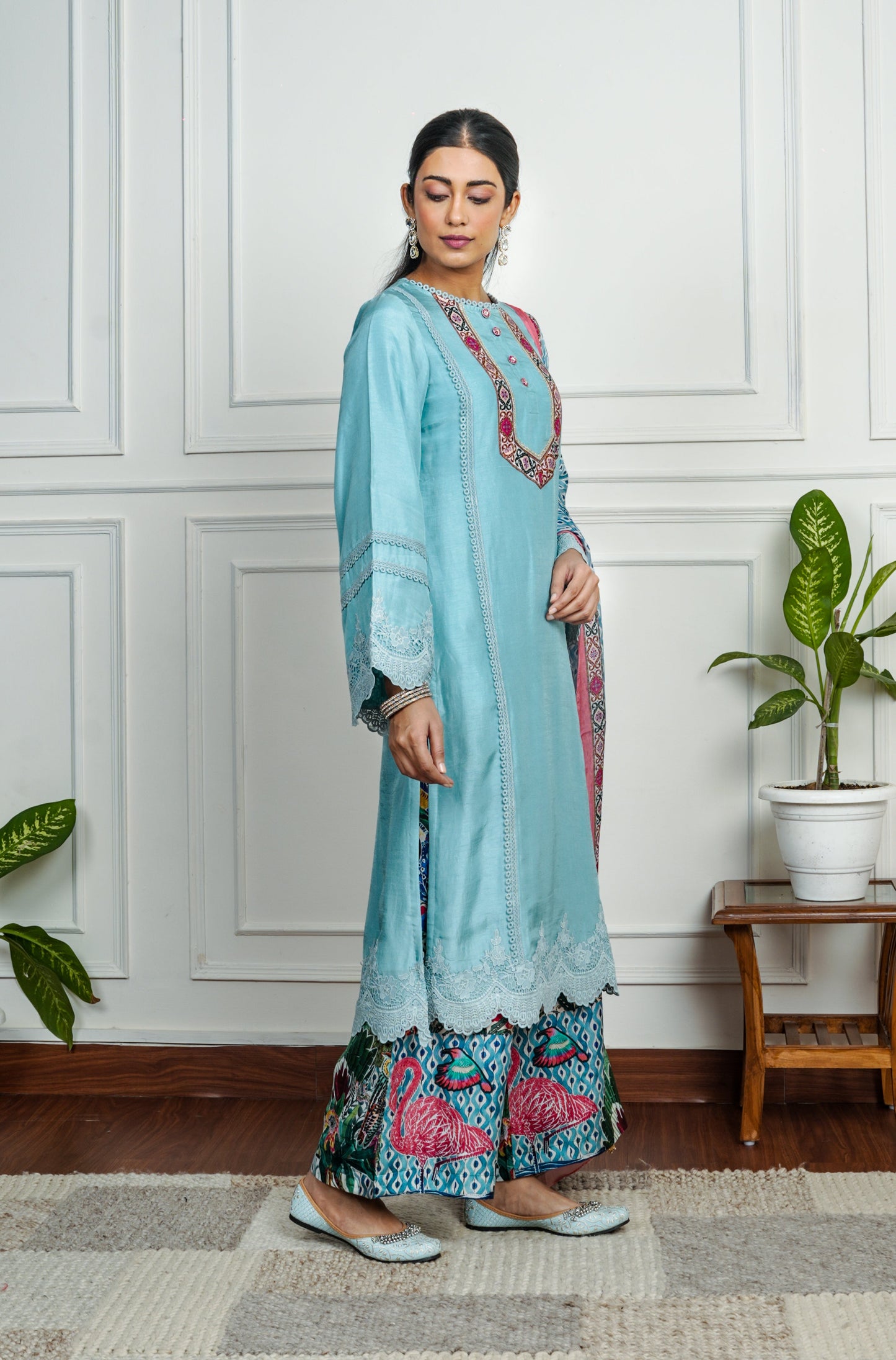 Sky Blue Dola Silk with Printed Multicolor Plazo with Dupatta