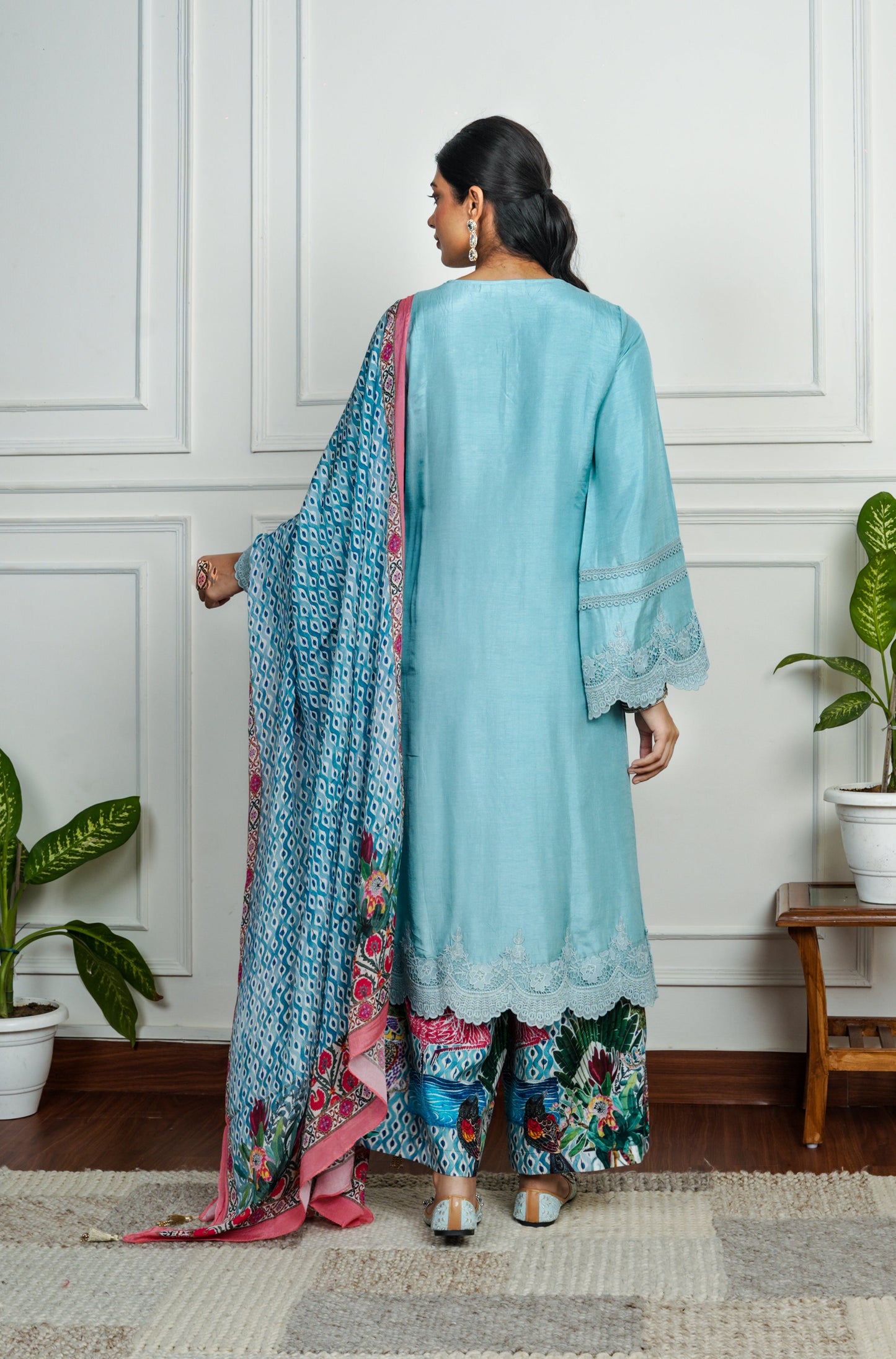 Sky Blue Dola Silk with Printed Multicolor Plazo with Dupatta