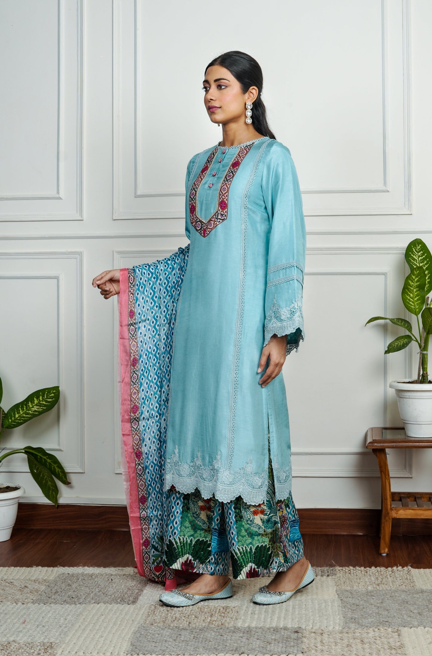 Sky Blue Dola Silk with Printed Multicolor Plazo with Dupatta