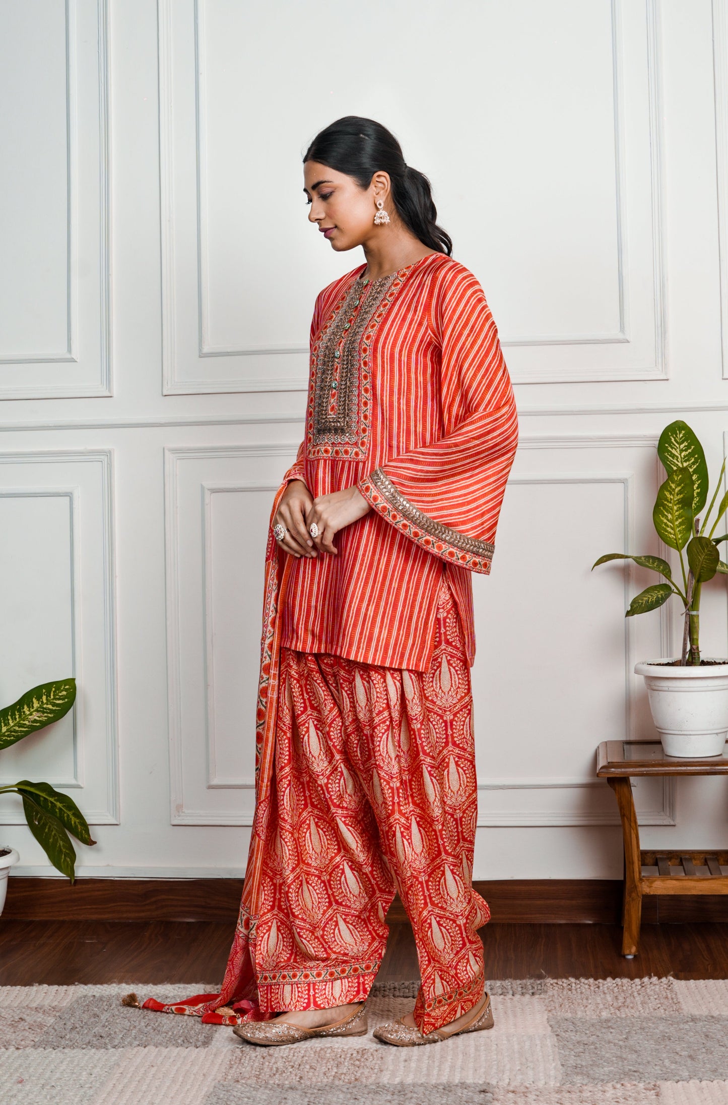 Red  Printed Dola Silk Farsi Salwar With Dupatta