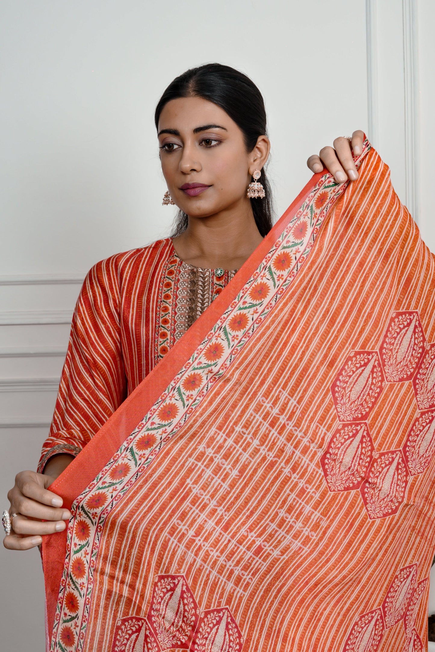 Red  Printed Dola Silk Farsi Salwar With Dupatta