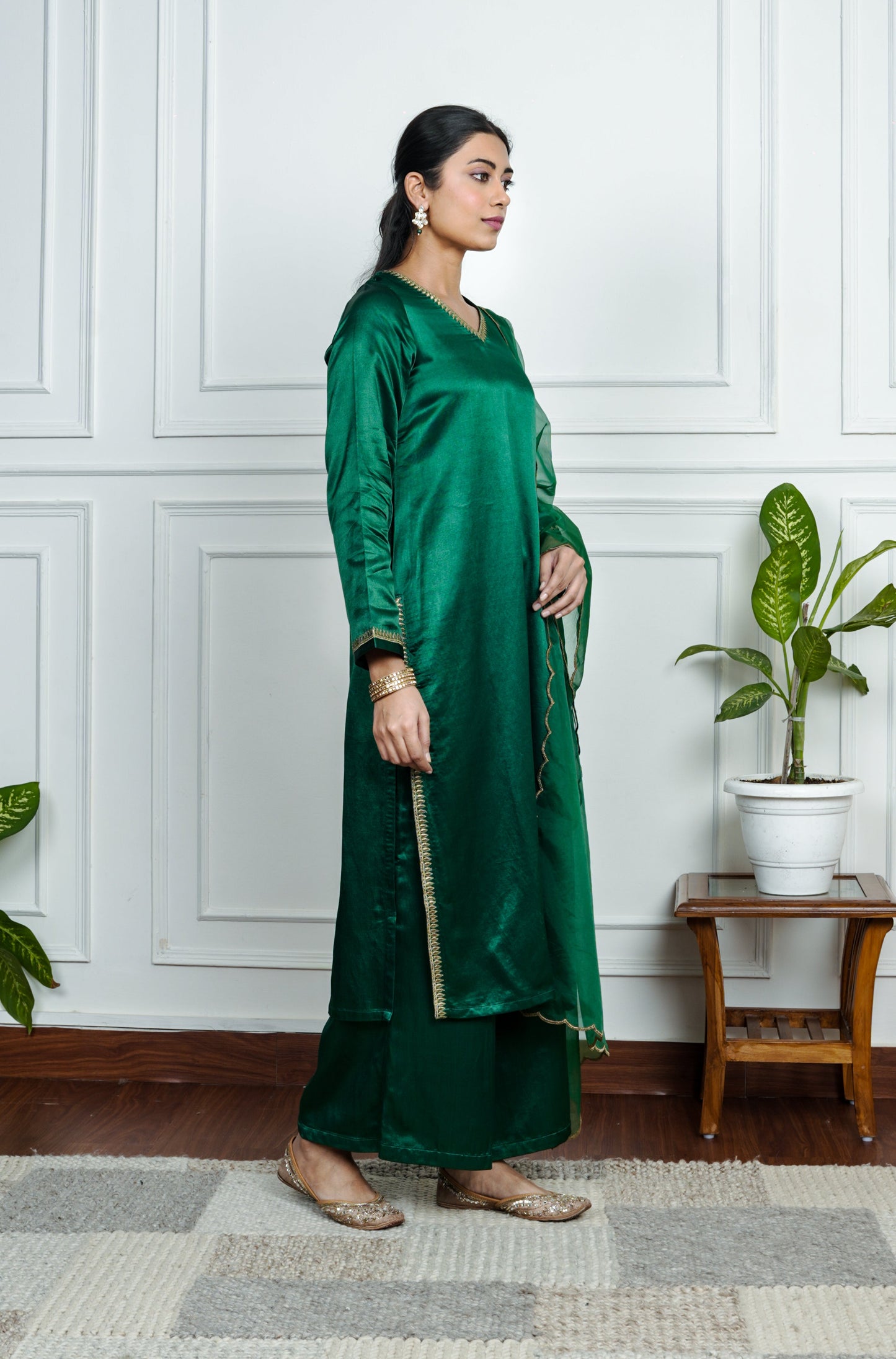 Green Gajji Silk  Embroidered Kurta Set With Dupatta