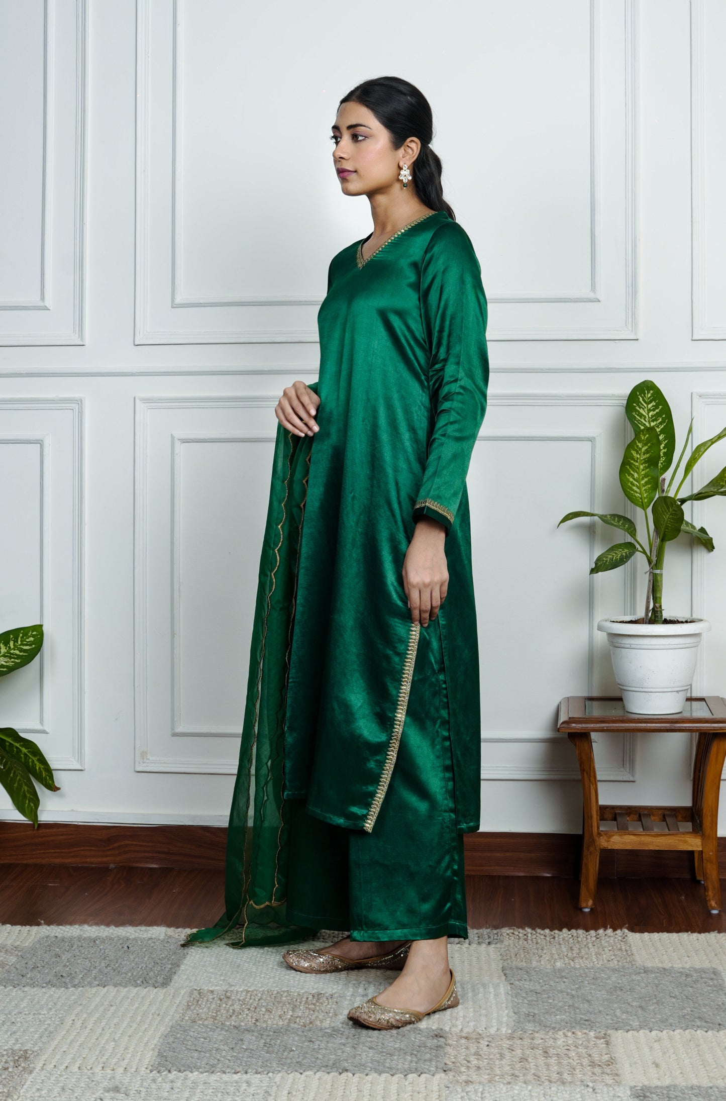 Green Gajji Silk  Embroidered Kurta Set With Dupatta
